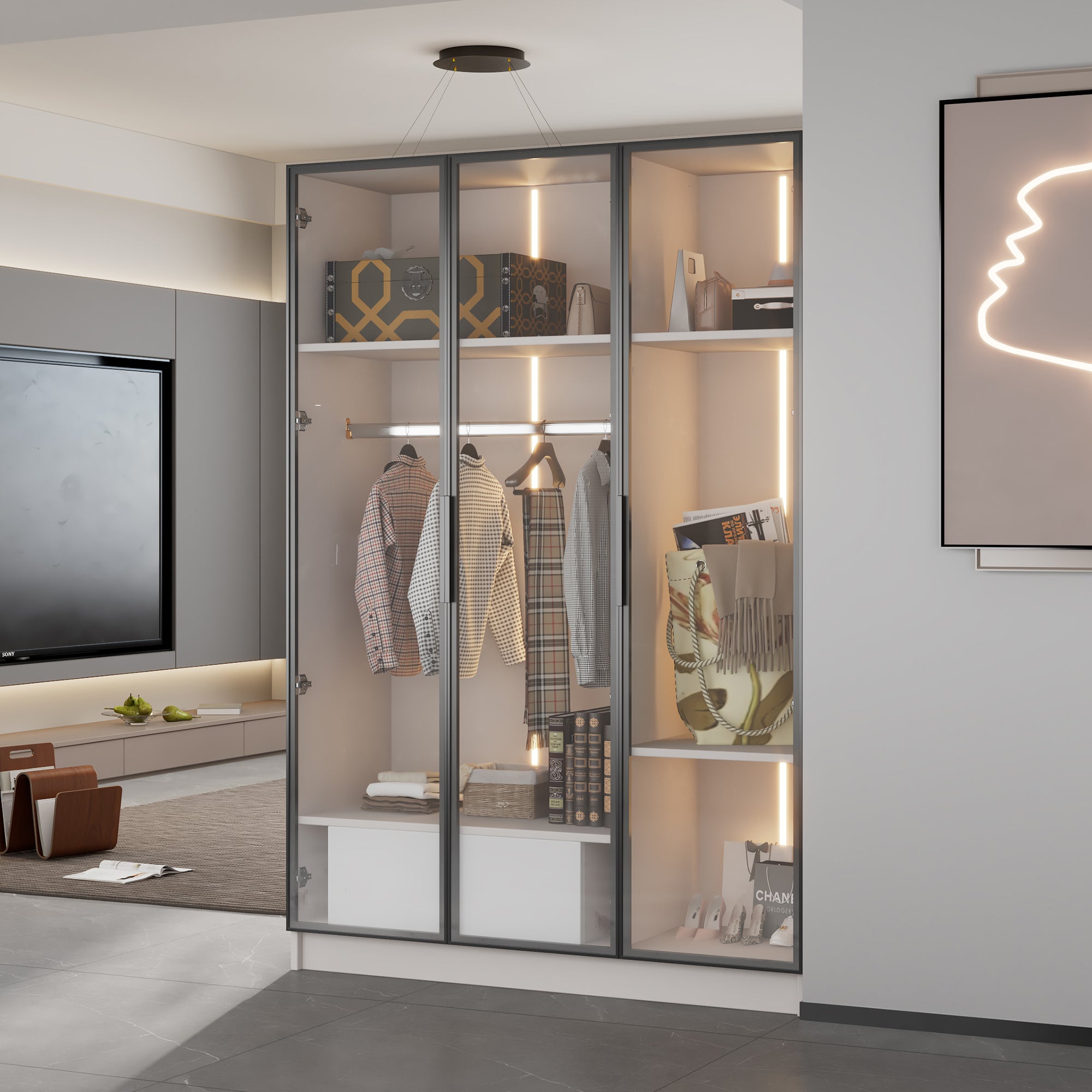 Wardrobe, 3 Glass Doors, 1 Drawer, 1 Clothes Rail, 110x50x160 cm, White with LED Light