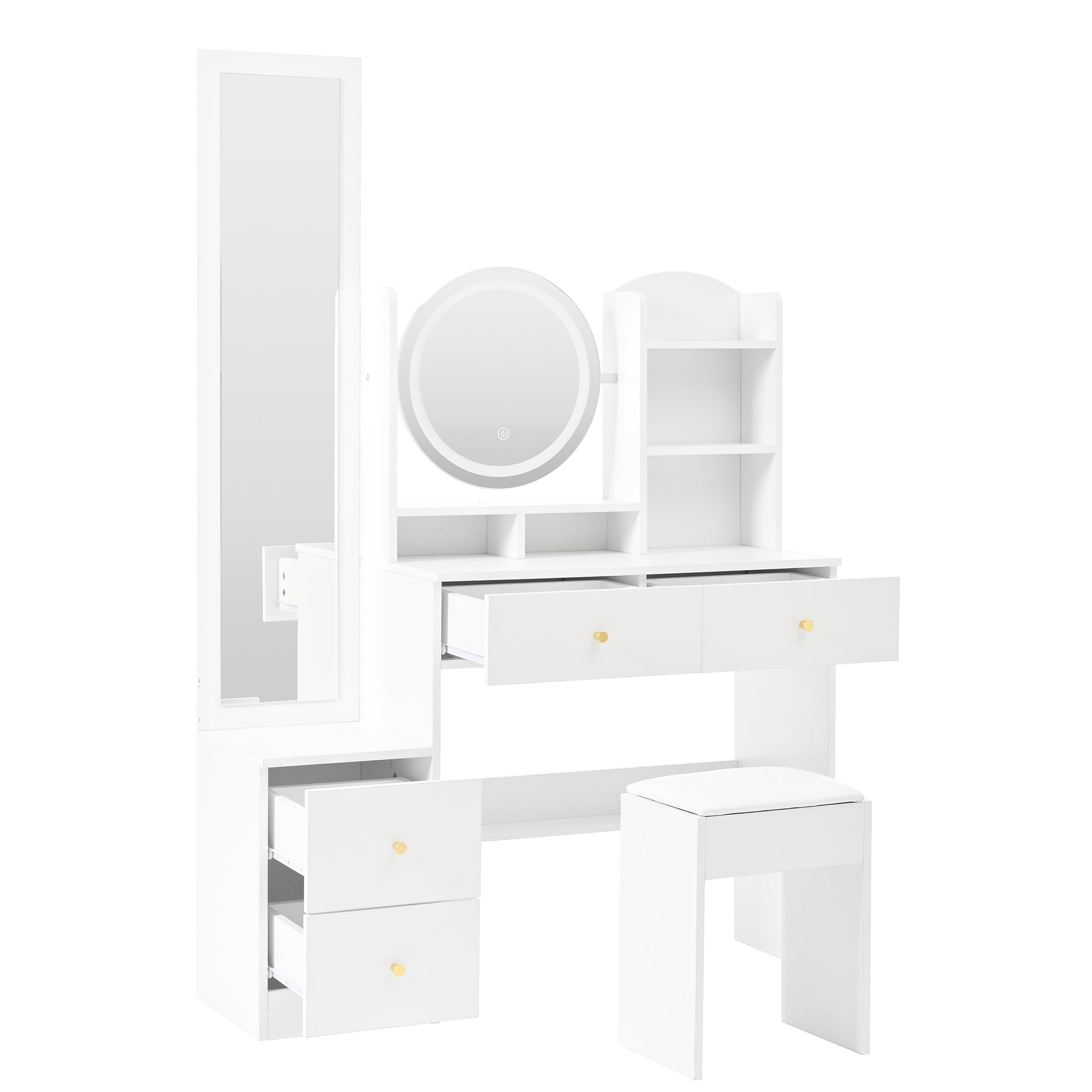 4-in-1 shoe cabinet makeup table with full-length mirror, 3-color led lighting, metal handle, white