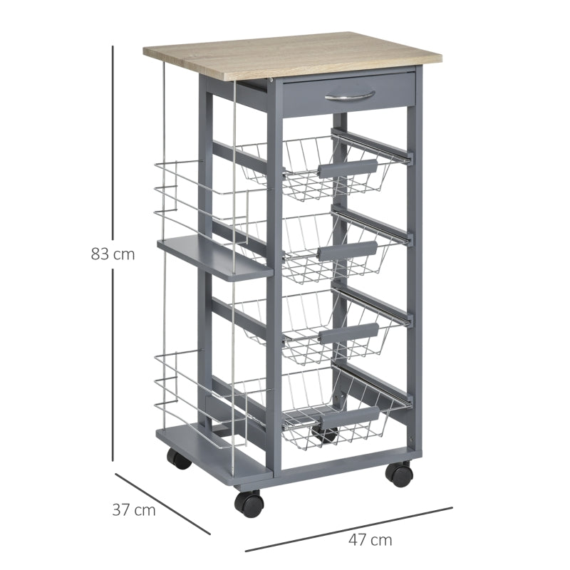 Rolling Kitchen Cart, 4 Basket Drawers Side Racks Wheels, Grey