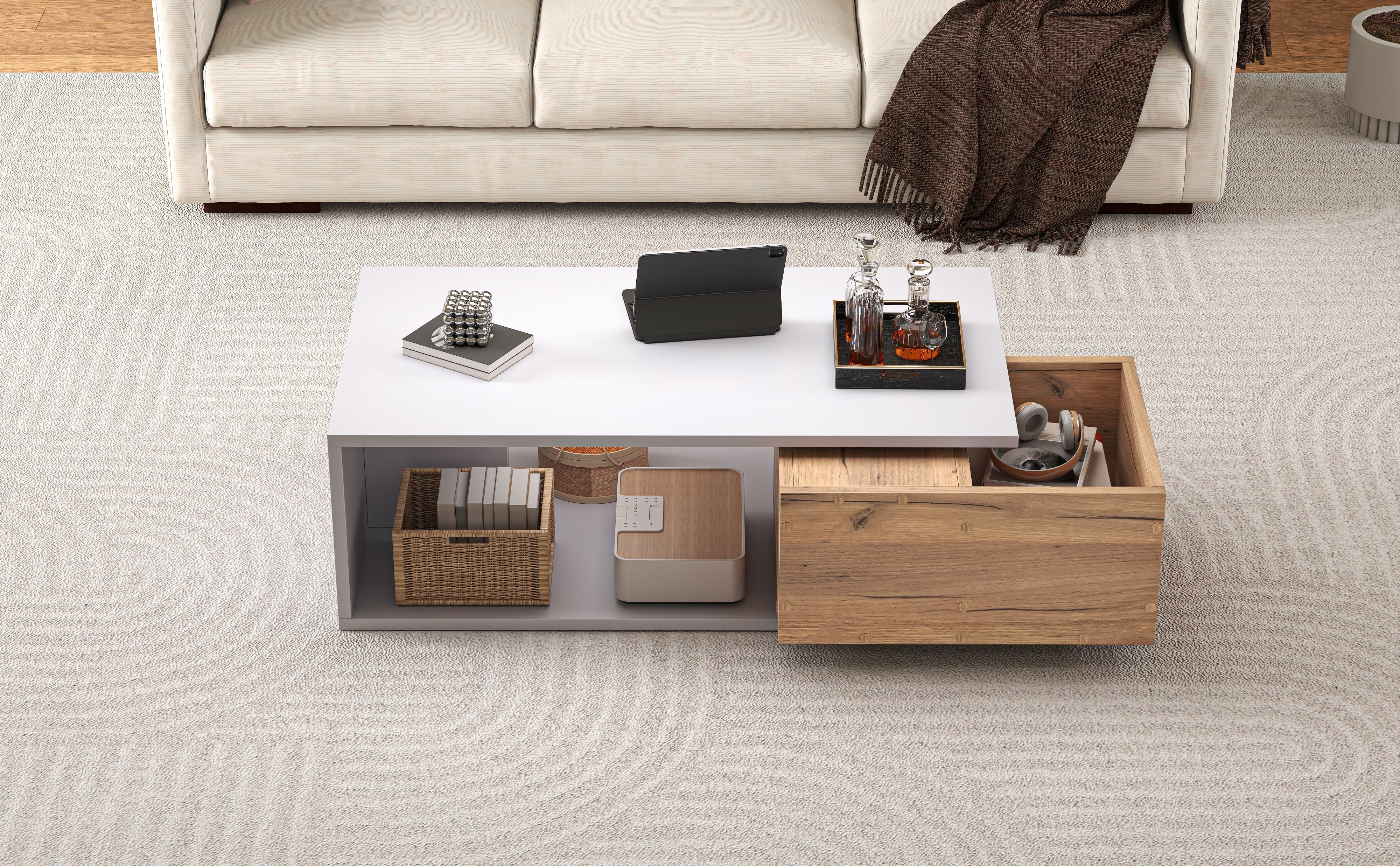 Coffee Table High-Gloss 360° Rotating Drawer Storage 90x50x30cm - White/Wood