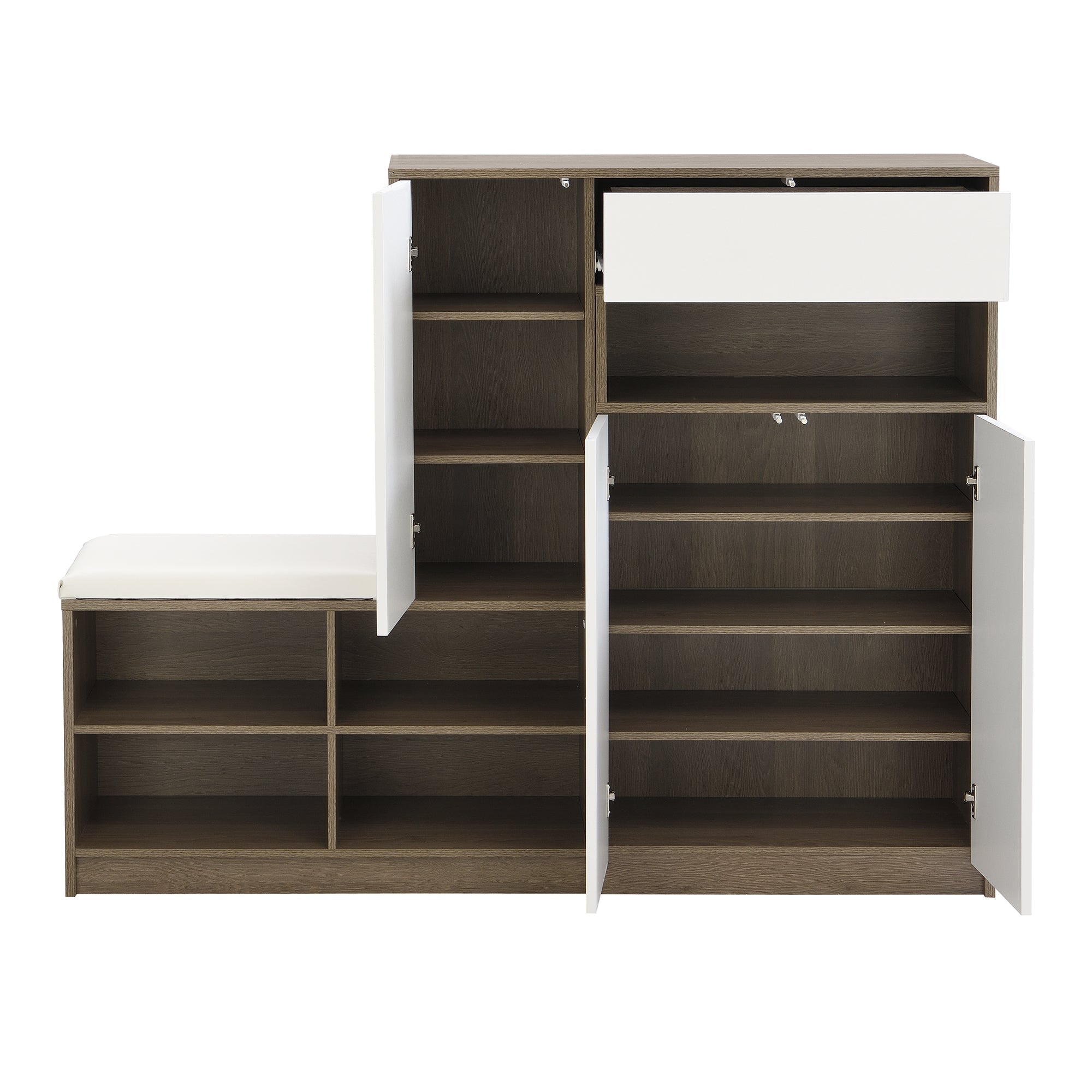 Shoe Storage Bench and Cabinet with Padded Seat, Adjustable Shelves, white