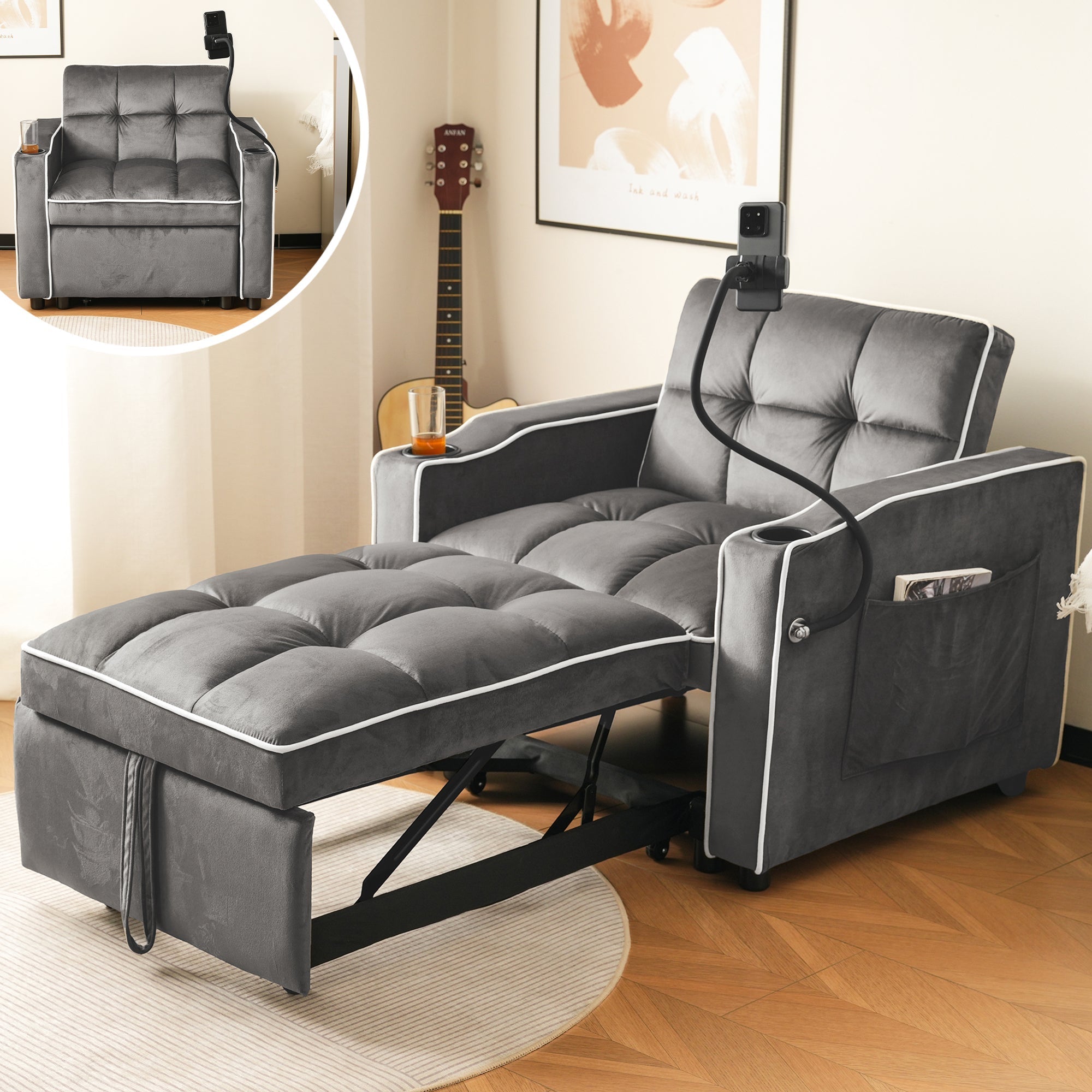3-in-1 Sleeper Sofa Extendable, Cup/Phone Holders, Small Spaces