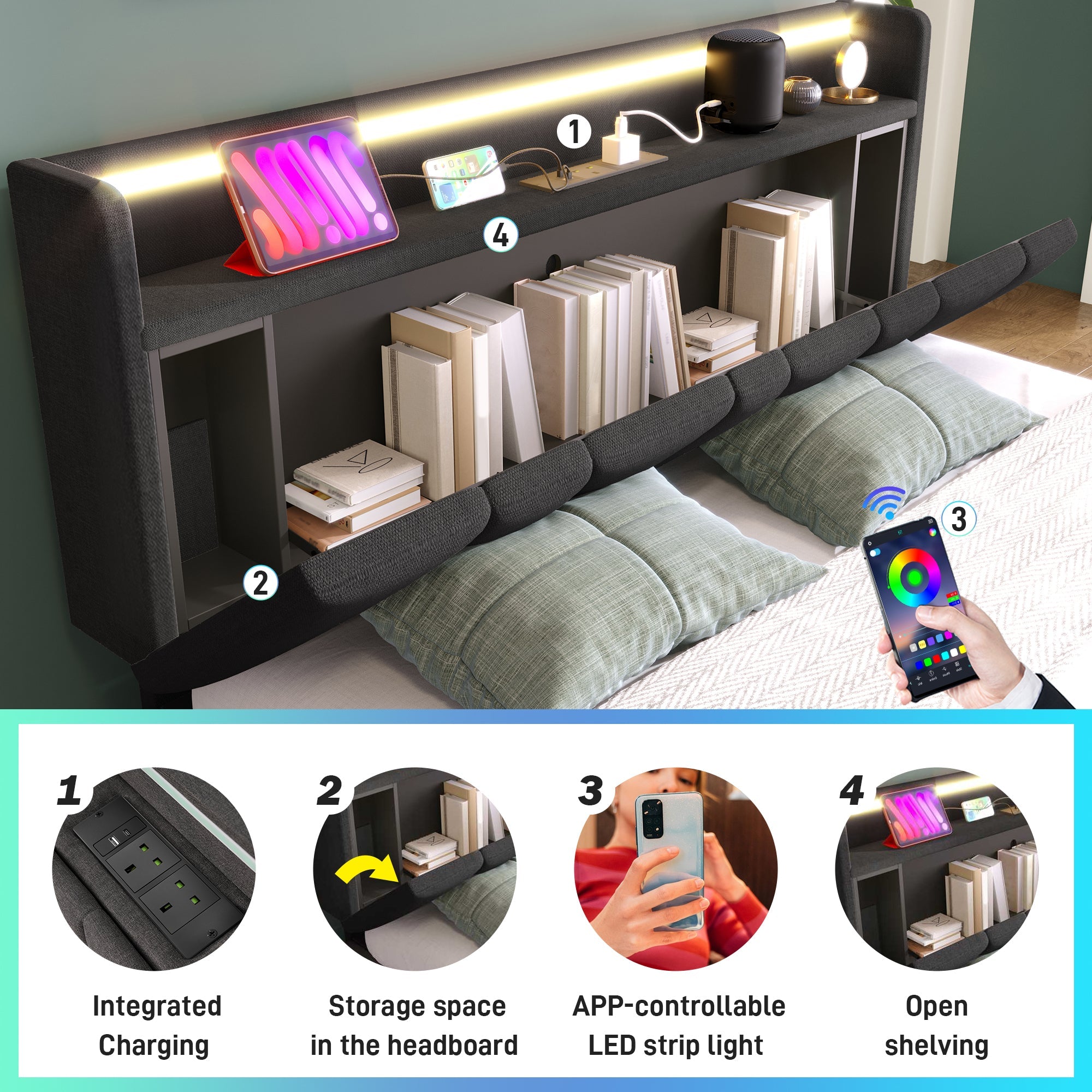 Upholstered Double Bed, USB Charging, Storage Headboard, LED Lighting, 5ft King Size, Grey