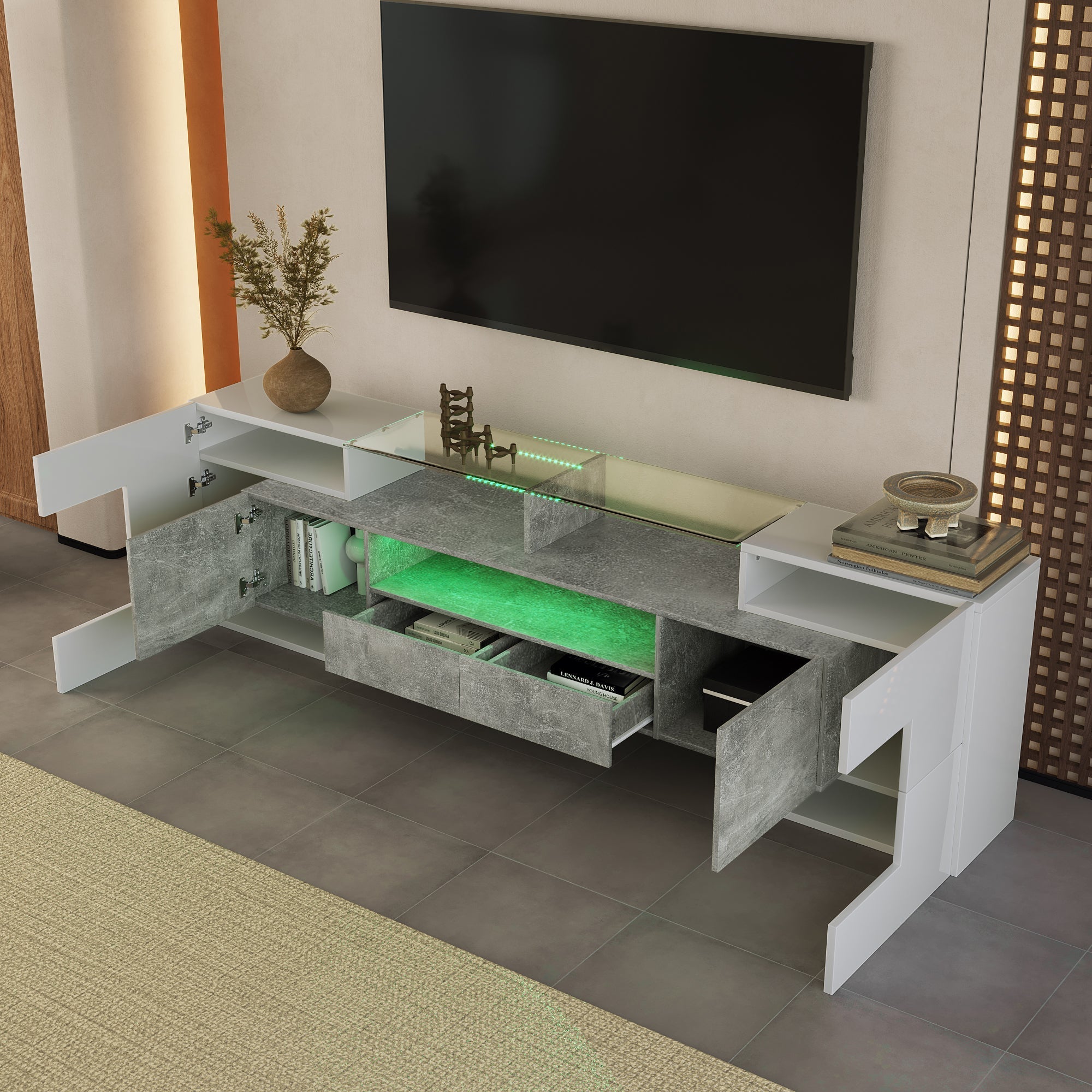 TV Cabinet Lowboard 200cm LED High-Gloss Glass - White/Grey