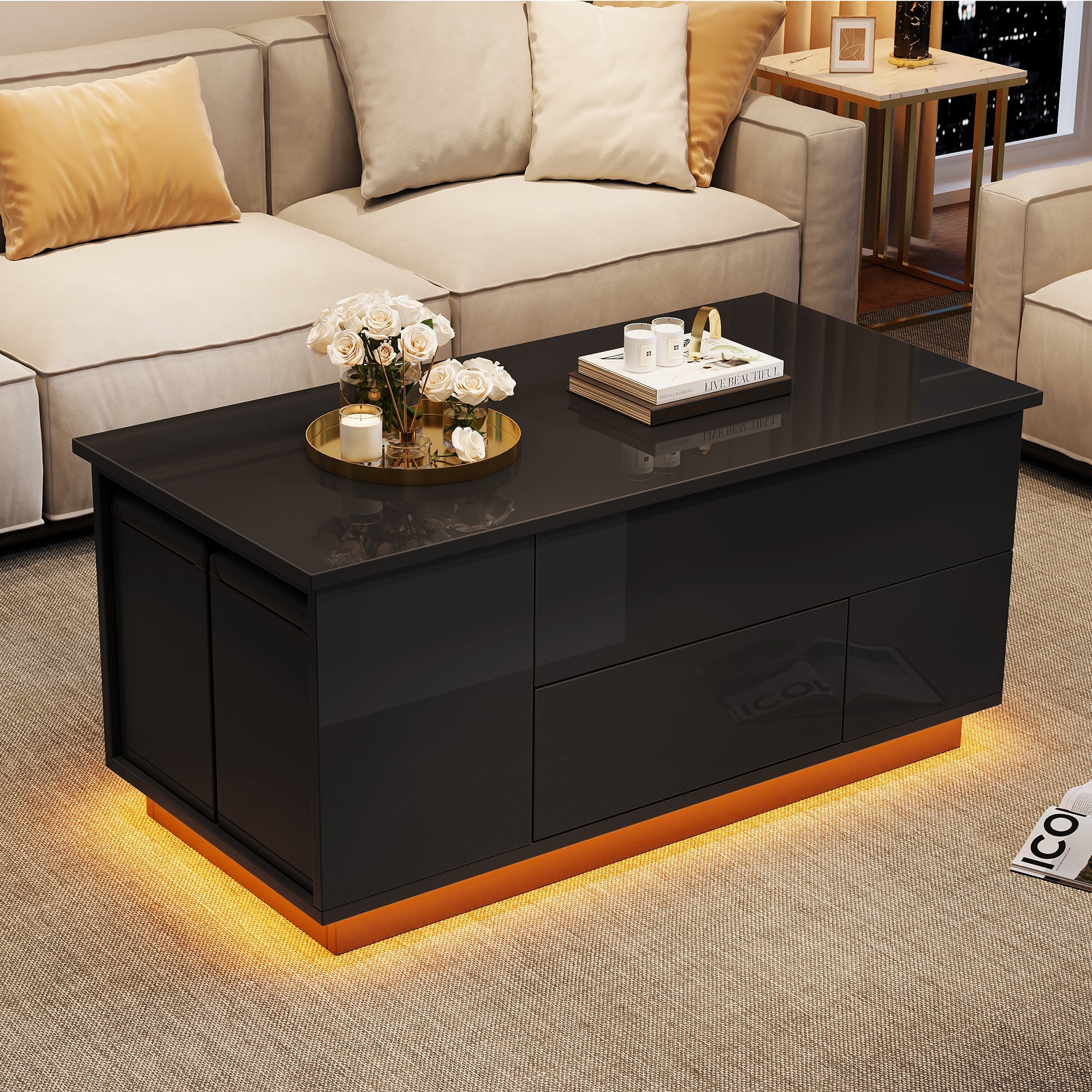 Coffee Table, 4-in-1 Height Adjustable LED with 2 Drawers, High-Gloss Black