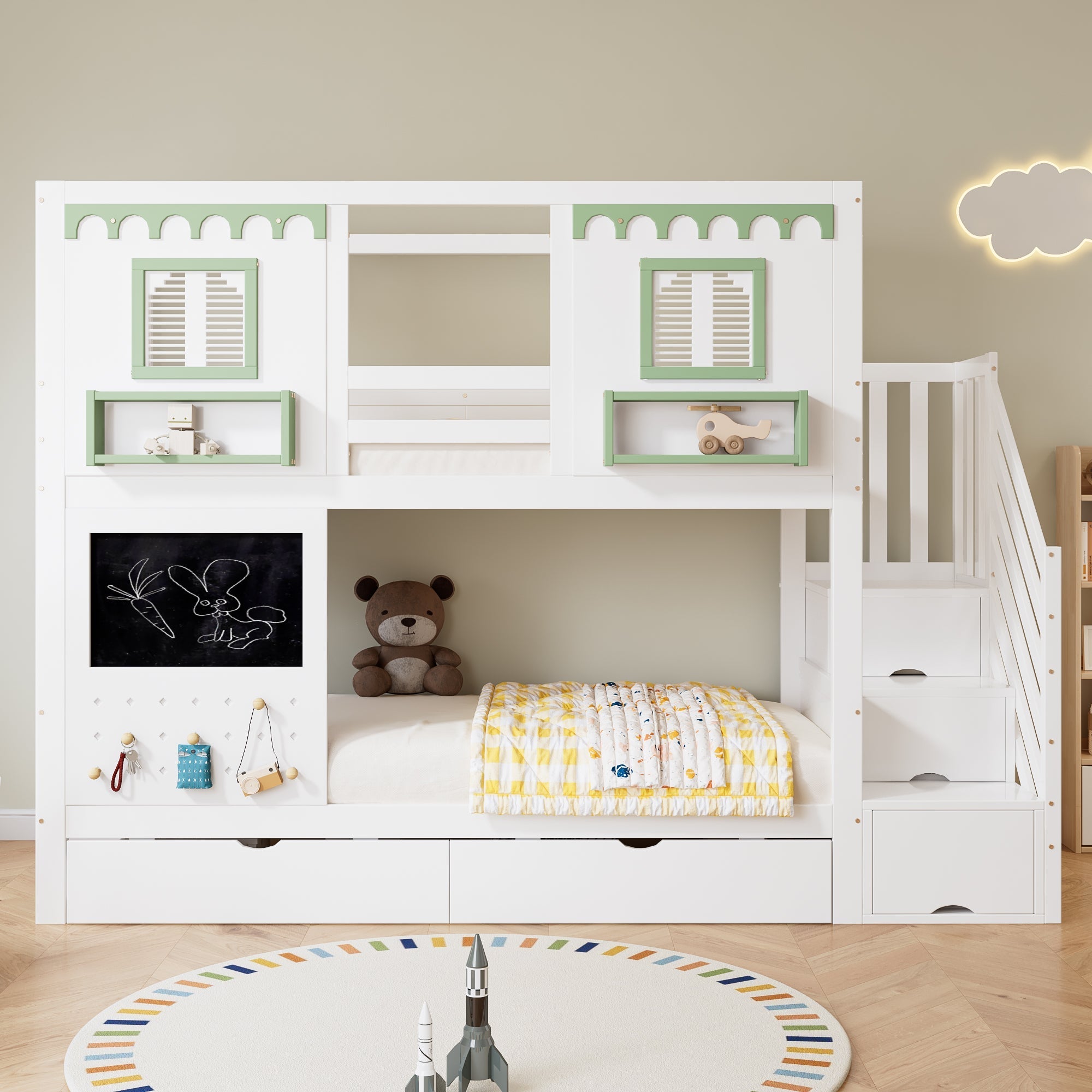 Bunk Bed 90x200cm Pegboard with Hooks 2 Drawers & Stair Storage Cabinet White + Green Pine