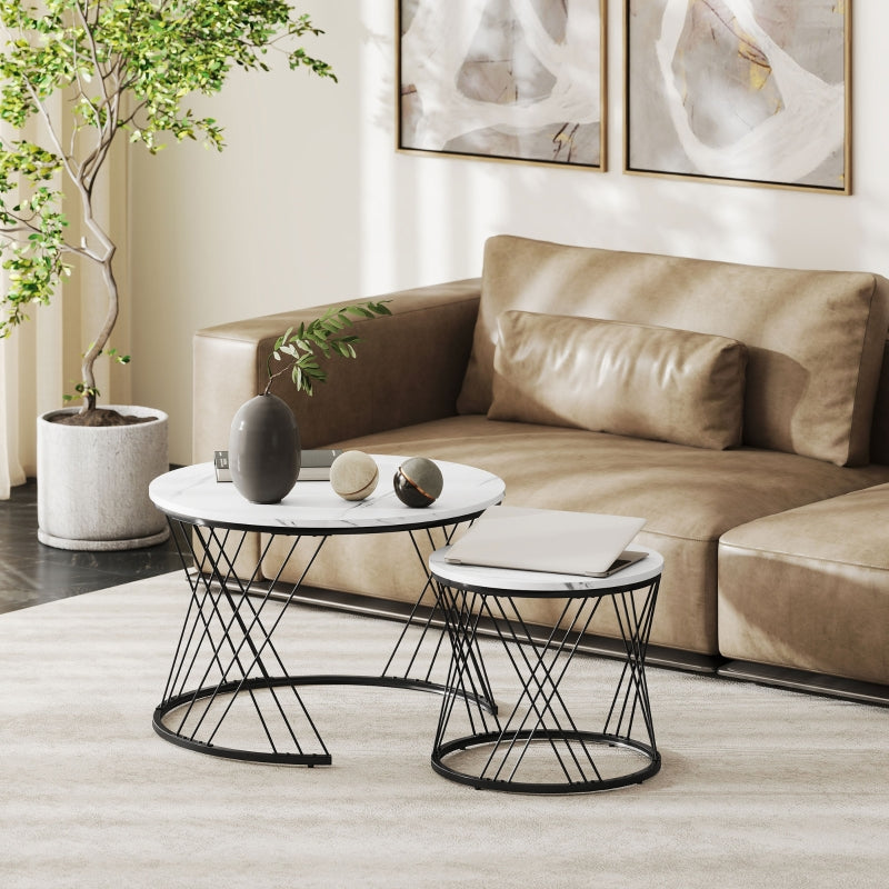 Coffee Tables Set of 2, Nestable Round Living Room, White Marble Look
