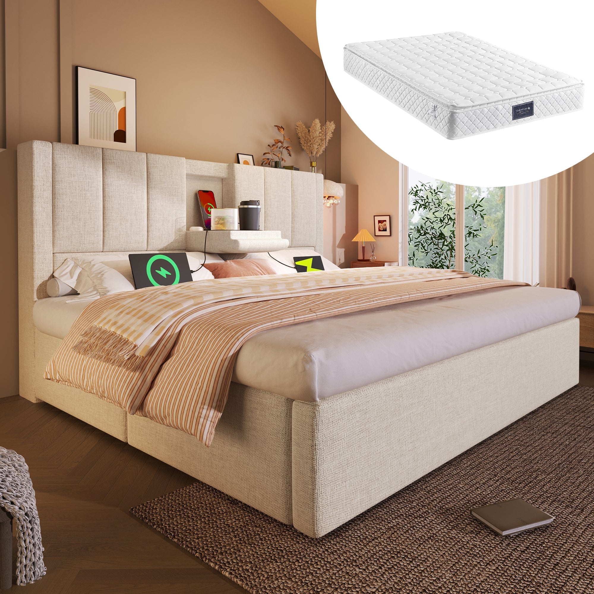Upholstered Bed 160x200cm Double Hydraulic Storage Cupholder Charging Station Linen Beige