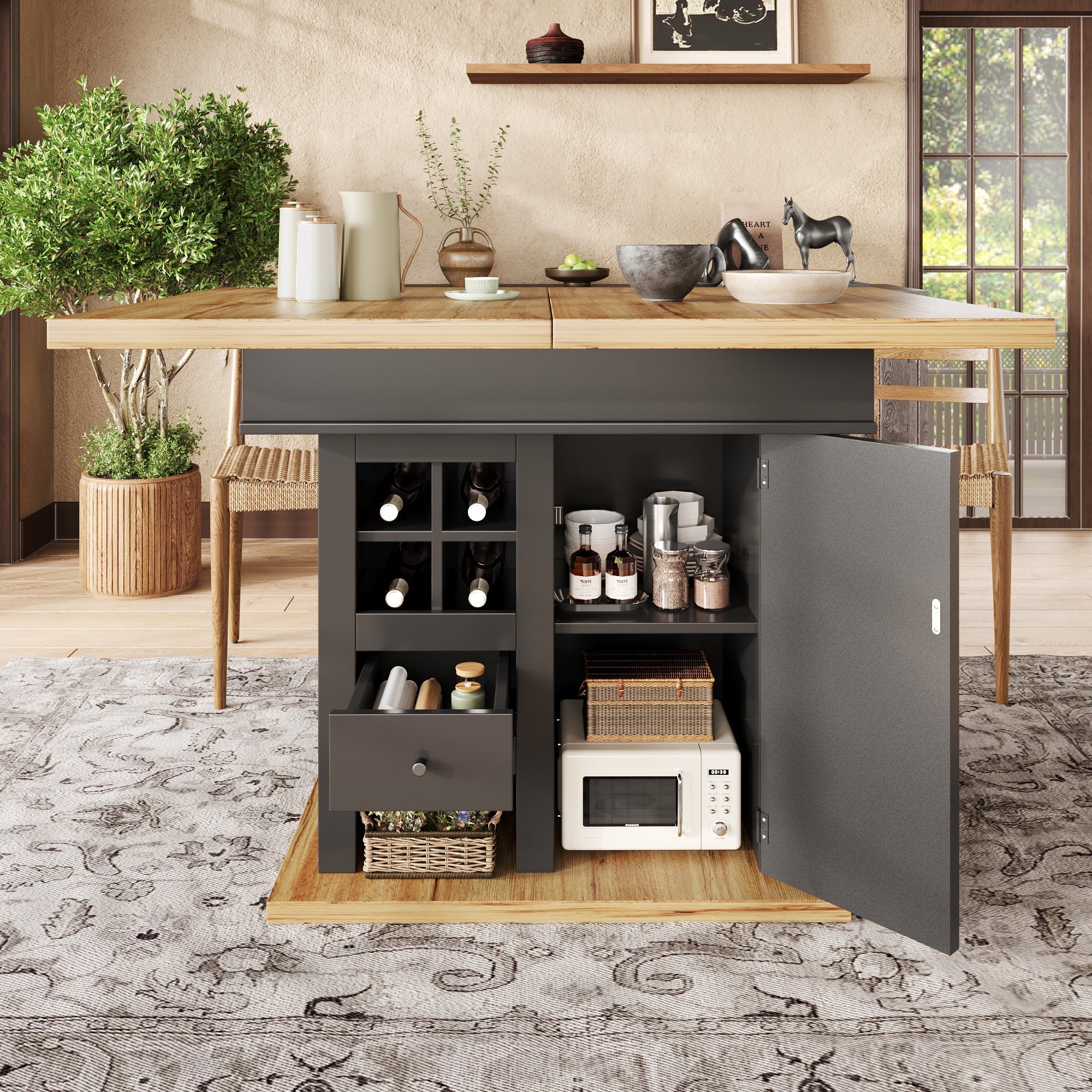 Telescopic Dining Table, Extendable 4-6 Person Space-Saving with Wine Rack, MDF/Metal