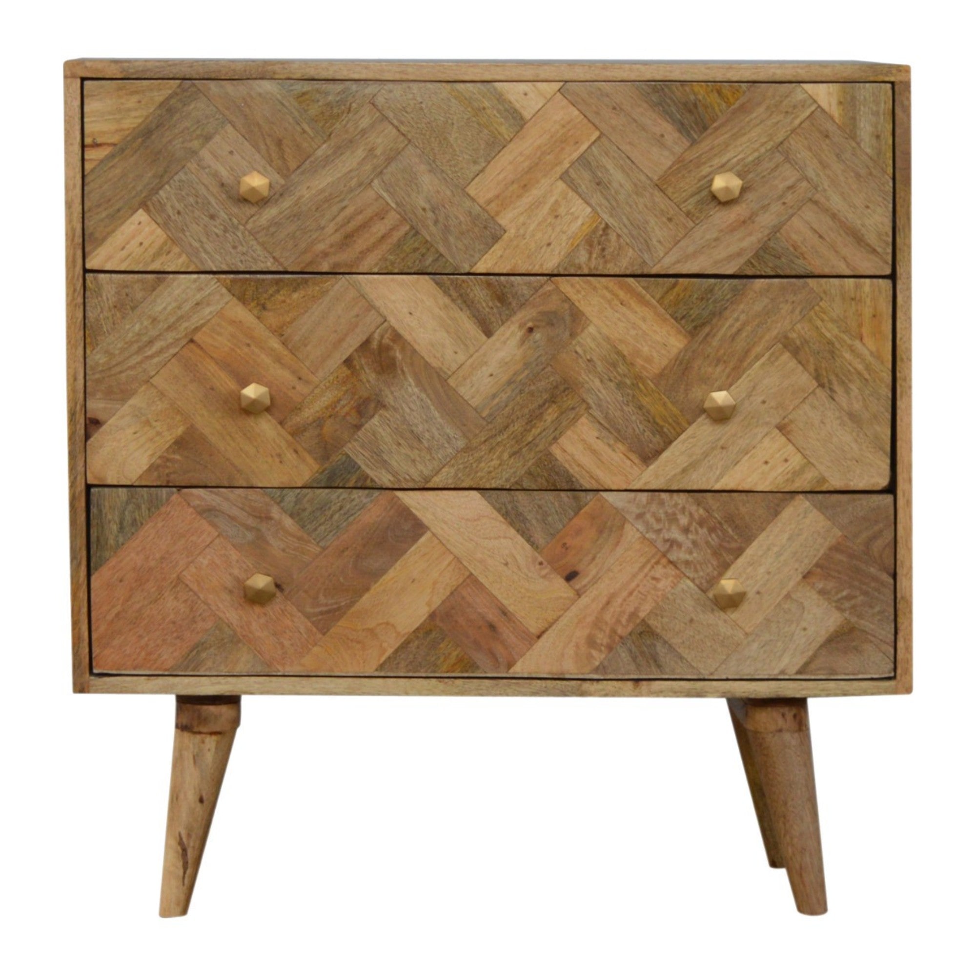 Solid Wood Chest, Zig-Zag Patchwork 3-Drawer, Light Brown