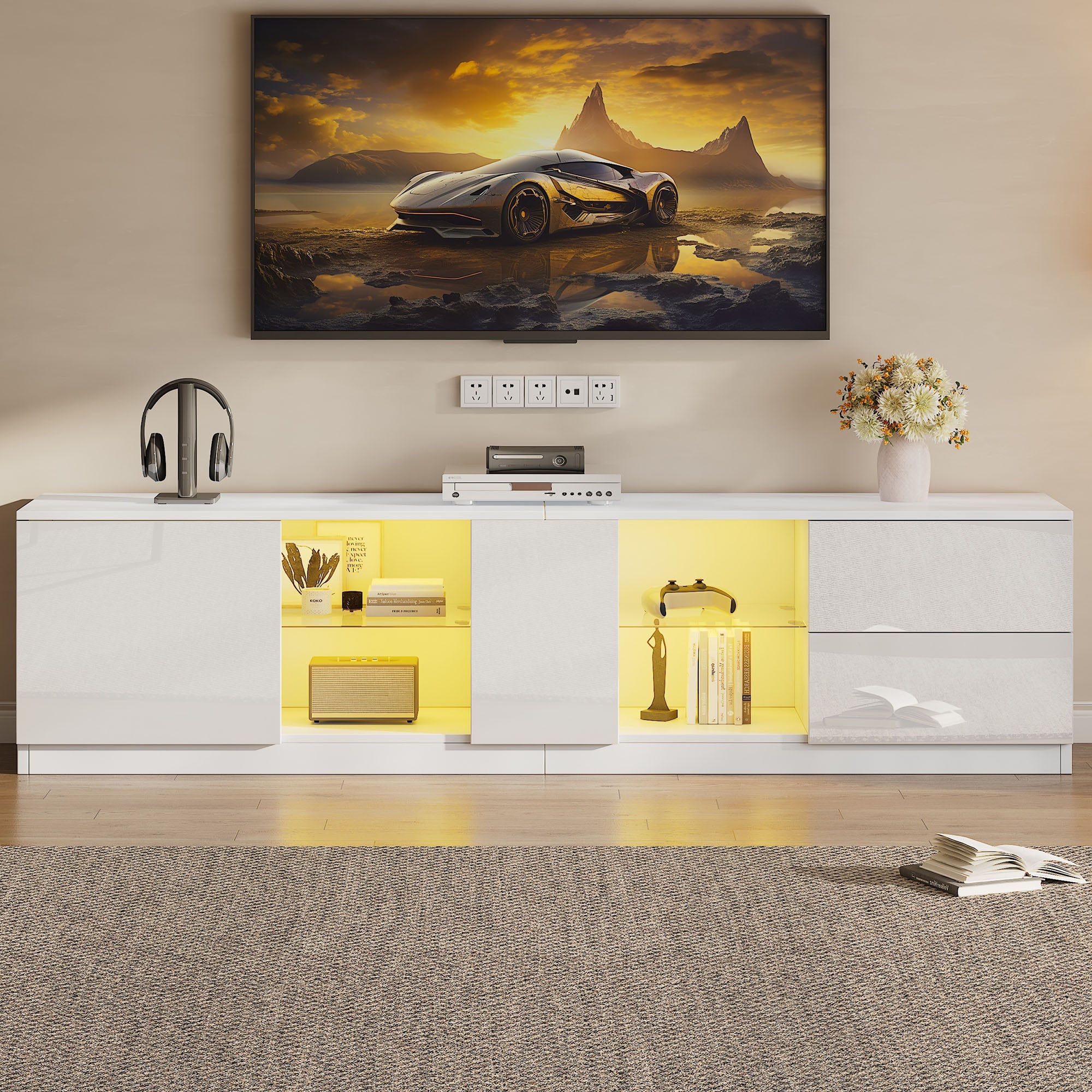TV Stand 160 x 40 x 52 cm, High-Gloss with LED Lighting, for 65" TVs, Living Room and Bedroom
