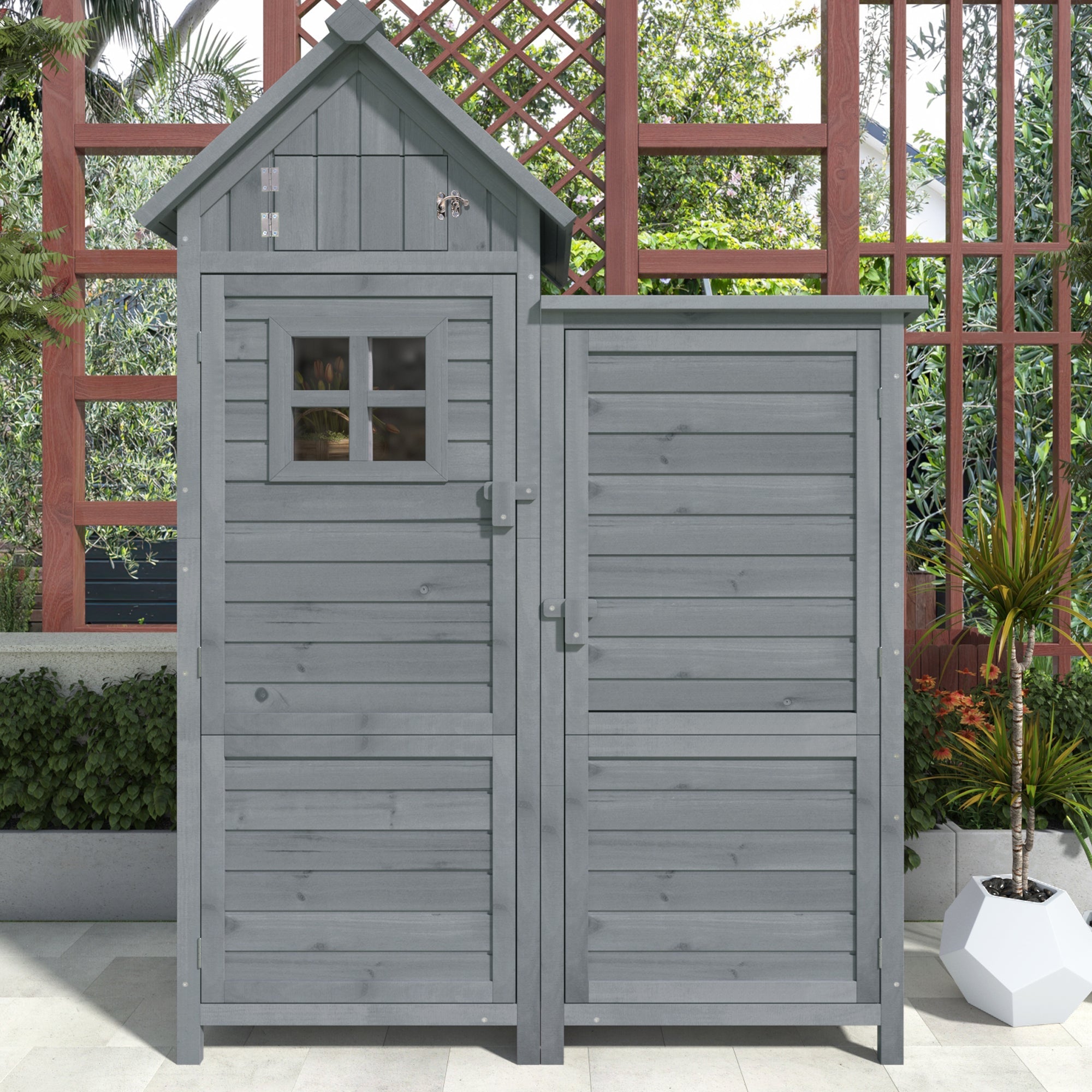 Outdoor Storage Shed with Weatherproof Double-Door and Large Storage, Grey Fir Wood