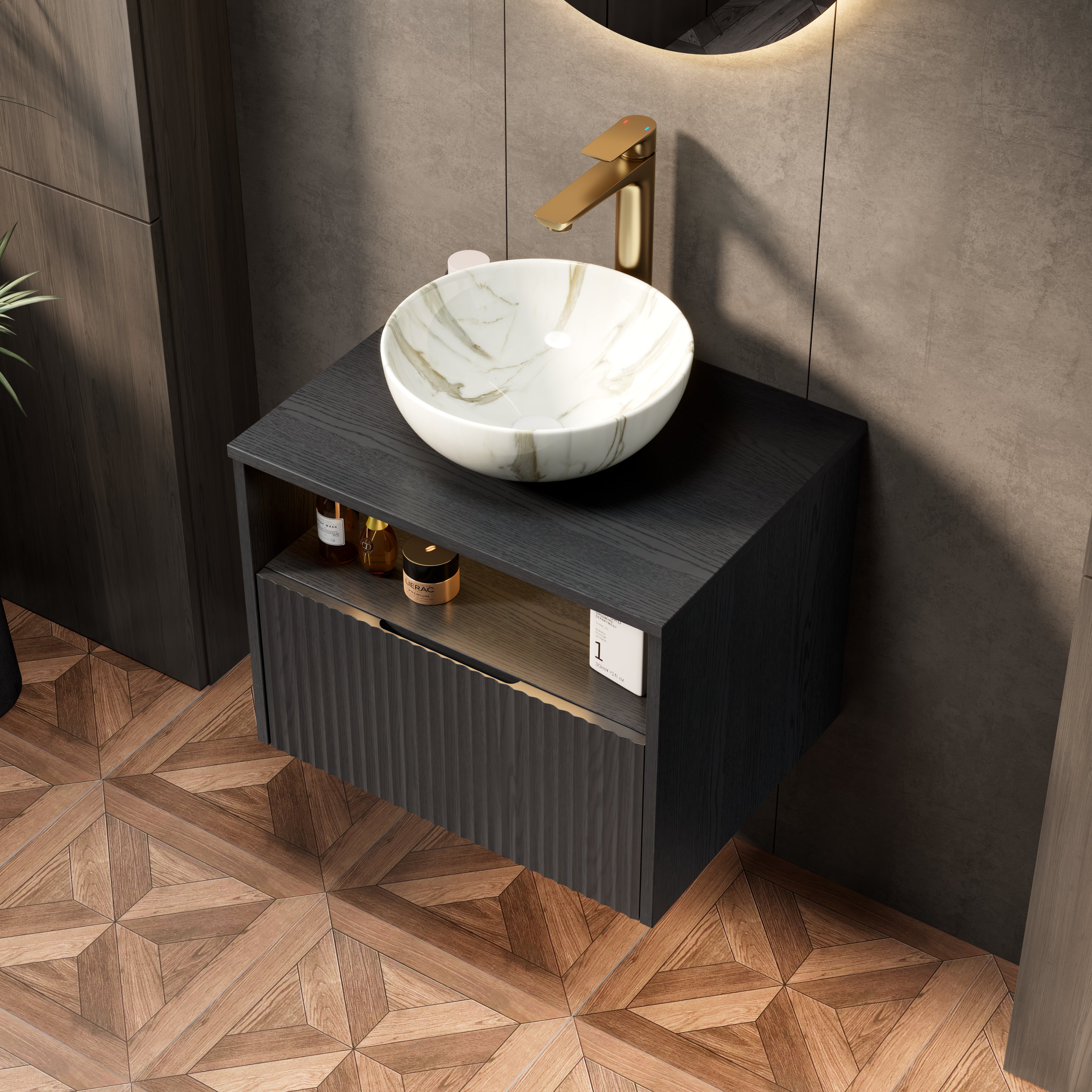 Floating Bathroom Vanity with Ceramic Basin and Sensor Light, Black Plywood