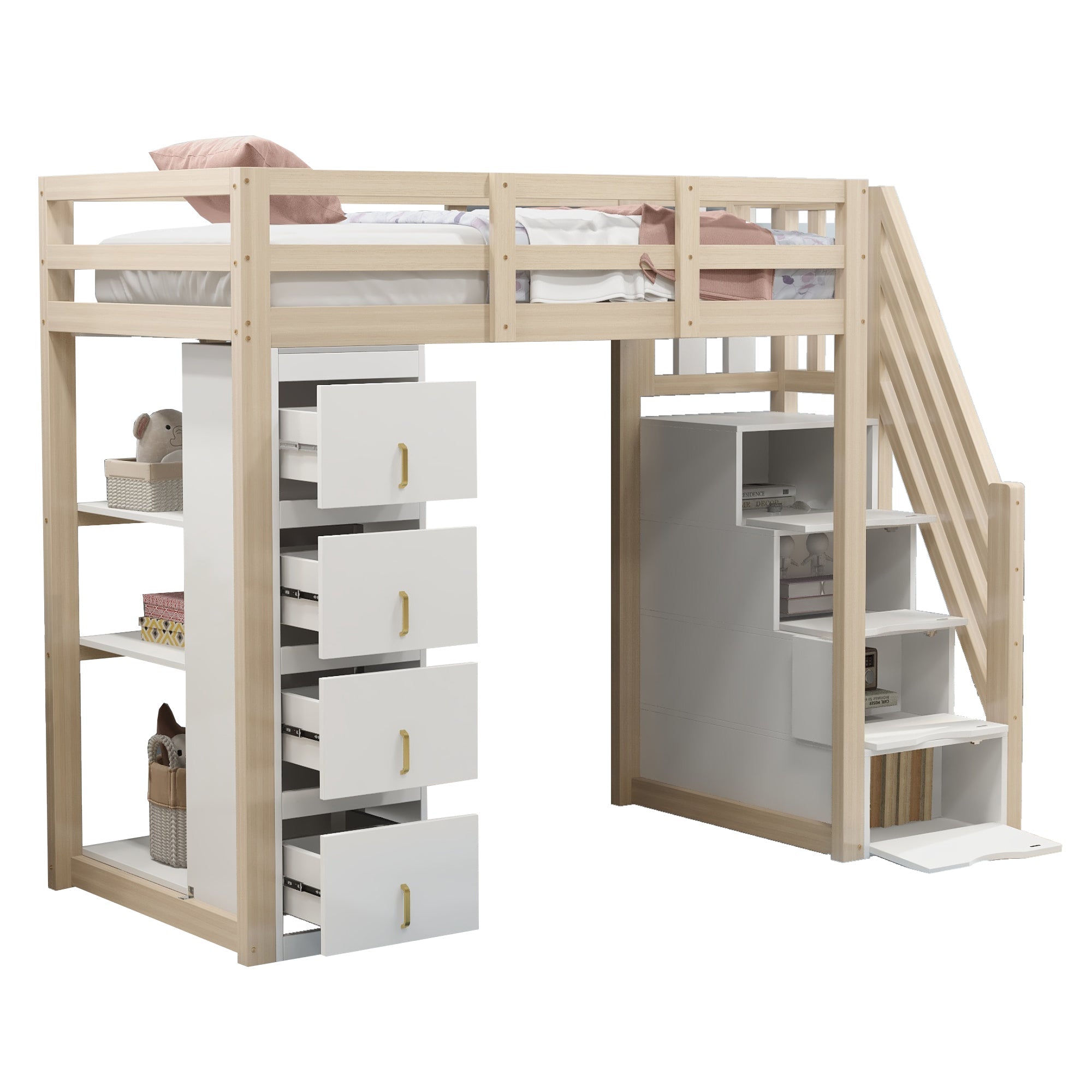 Loft Bed, 90 x 200 cm with Storage & Ladder, Solid Wood