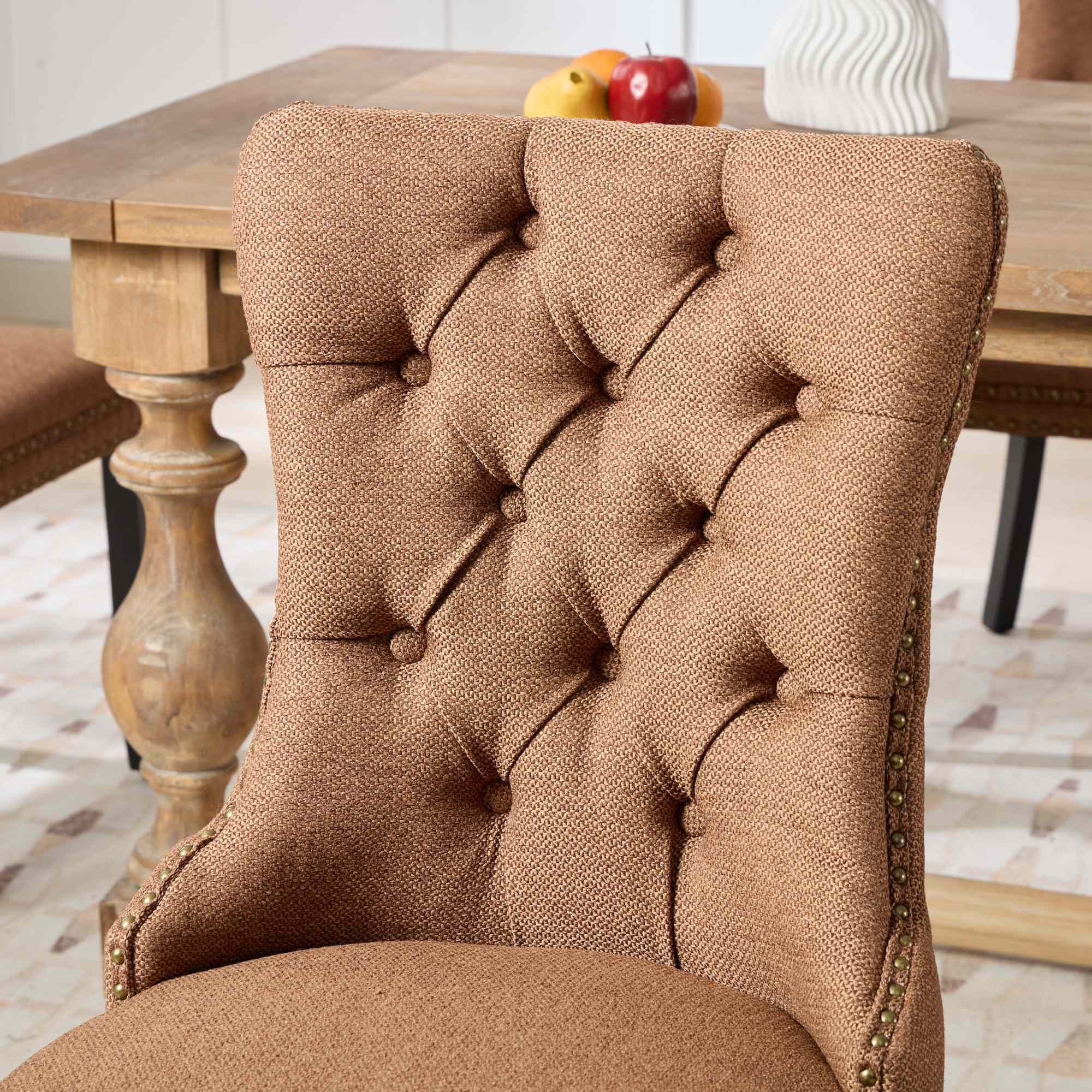 Nikki Collection Tufted Linen Dining Chair Solid Wood Nailhead Trim 2-Pcs Set - Coffee Color