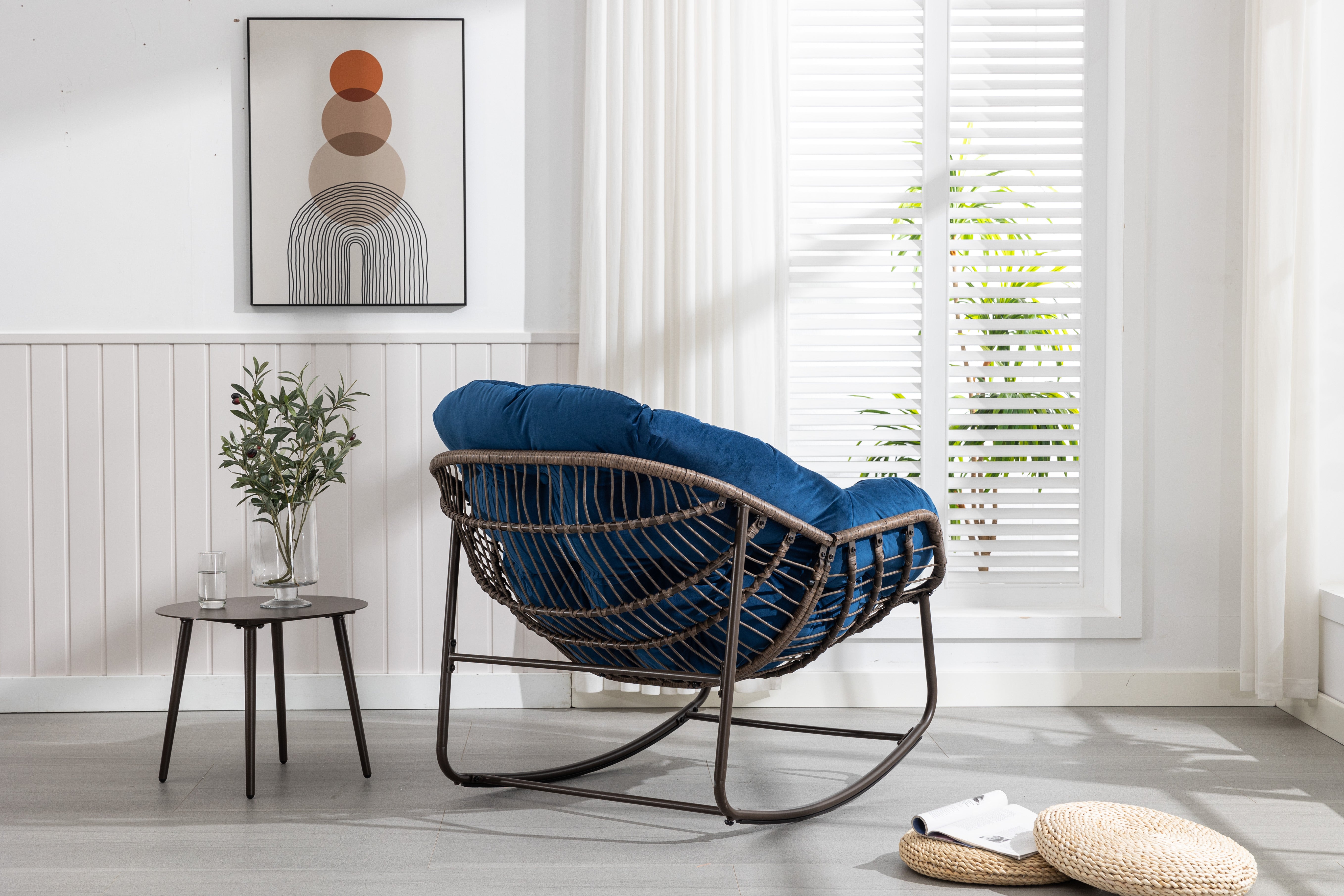 Outdoor Rattan Rocking Chair Padded Cushion Recliner Navy Blue
