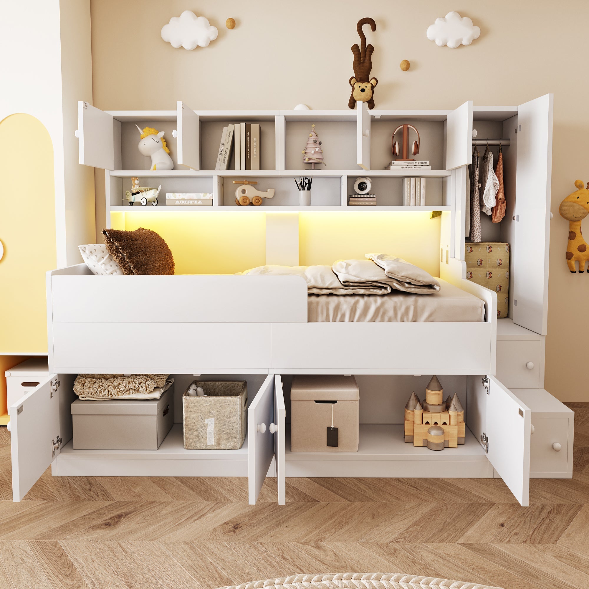 Wooden Children's Bed with Storage, Wardrobe, Ladder and LED Lighting, 90x200cm, White Wood