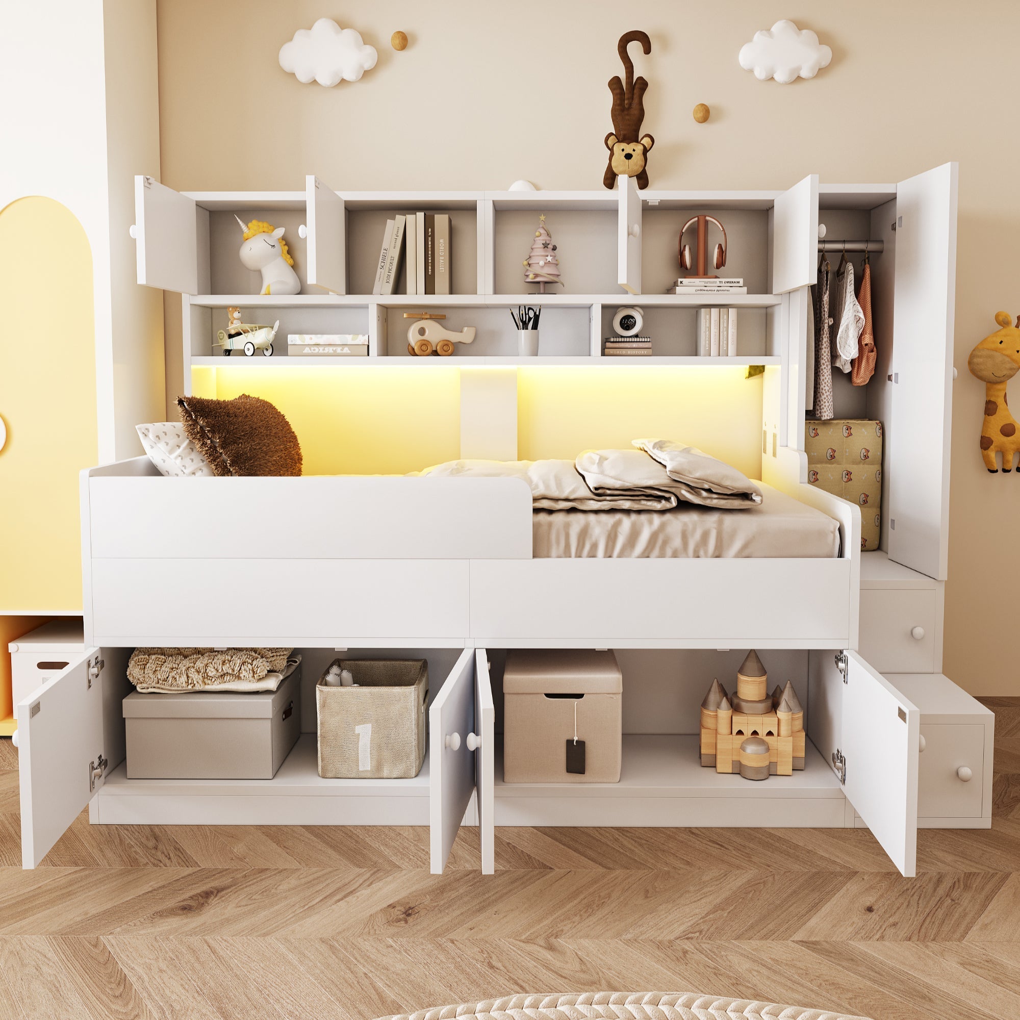 Wooden Children's Bed with Storage, Wardrobe, Ladder and LED Lighting, 90x200cm, White Wood