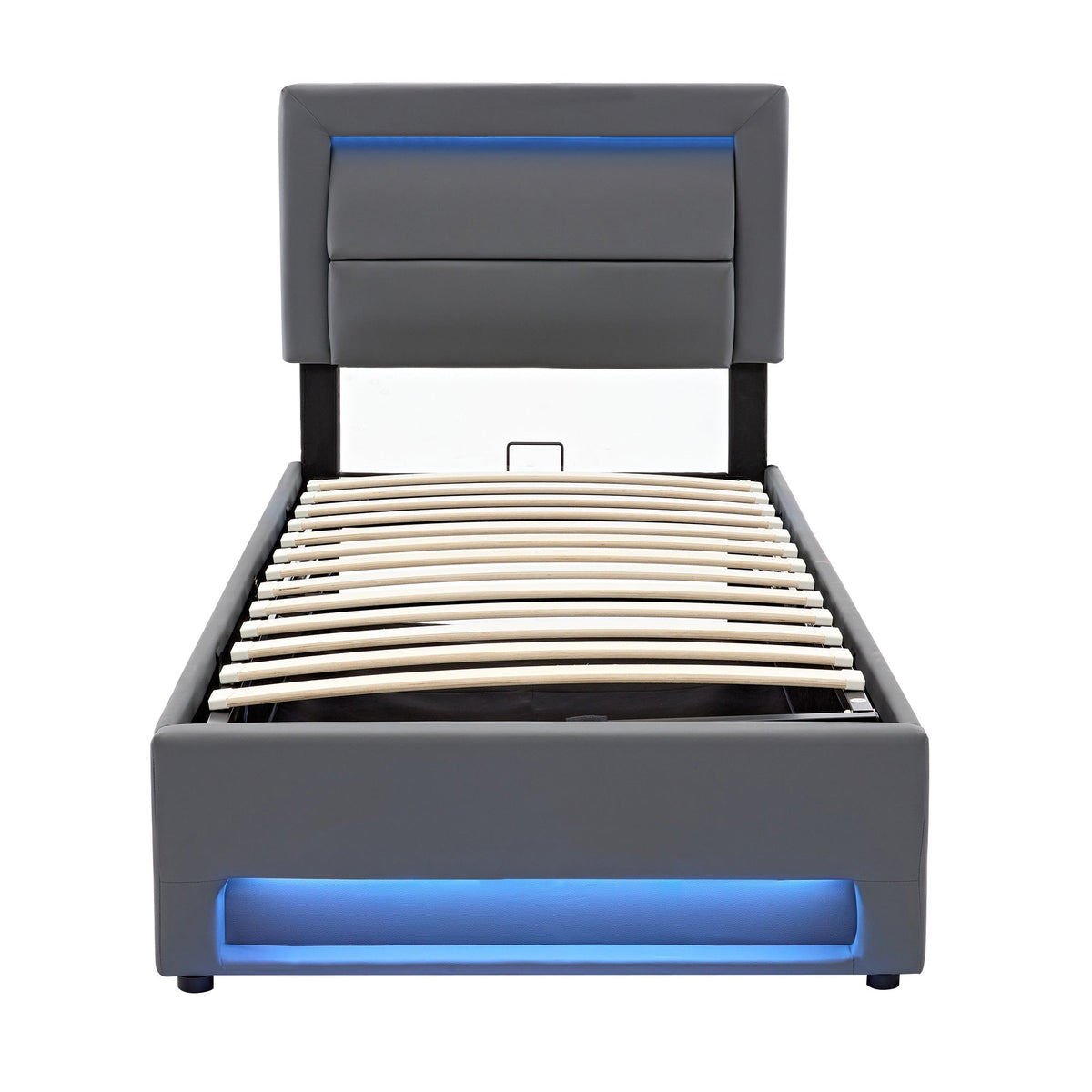 Upholstered Bed 90x190cm USB Charging LED Lighting Storage PU Lychee Grey