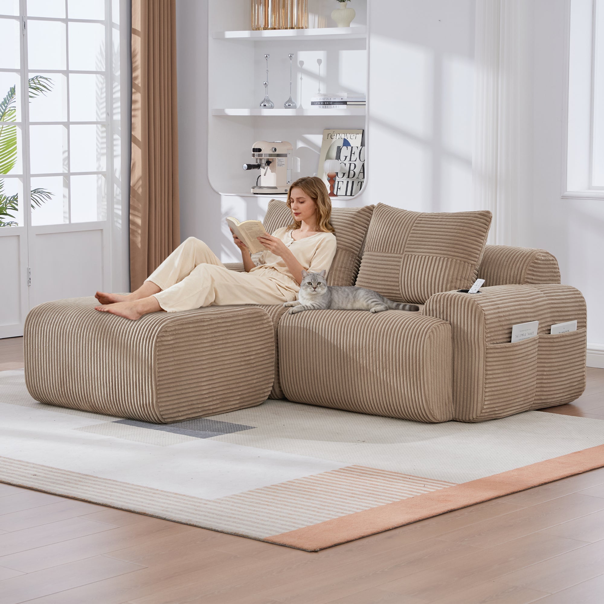 Modular Corduroy Sofa with Ottomans, Cup Holder and Side Pocket, Khaki