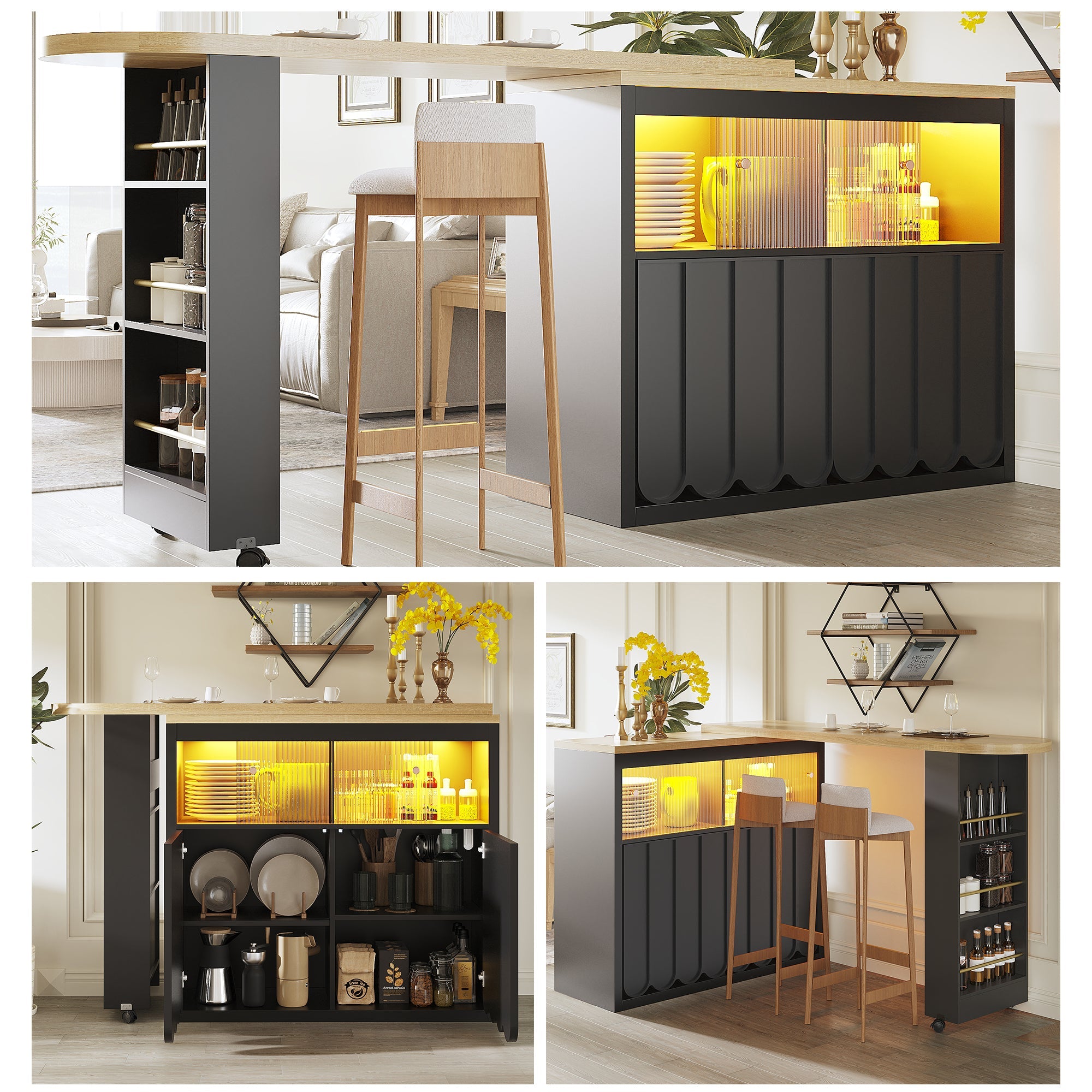 Extendable Bar Table with Storage, Movable, Telescopic LED, Black