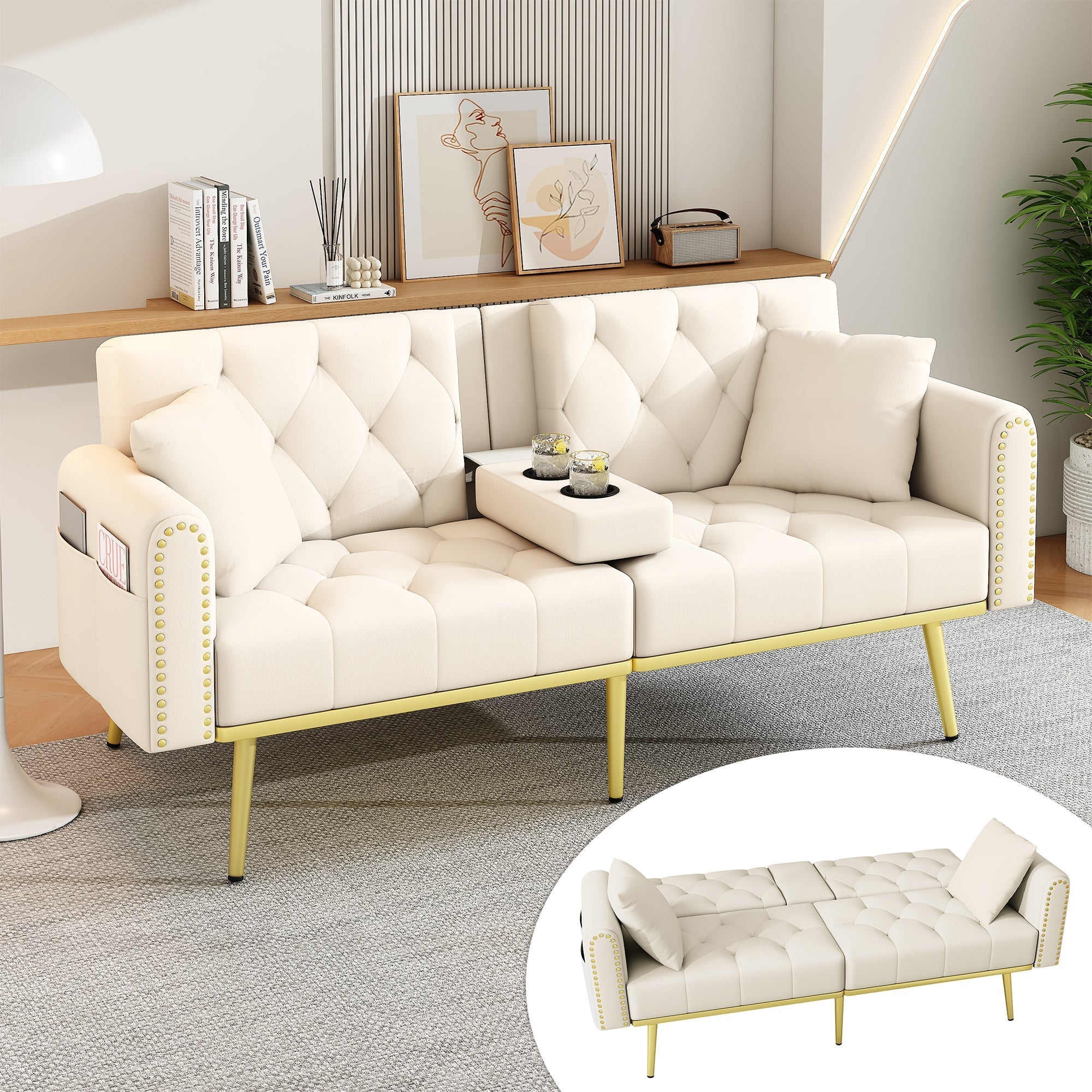 Sofa Bed Double Fold-Out Reclining Cup Holders - Fabric Beige