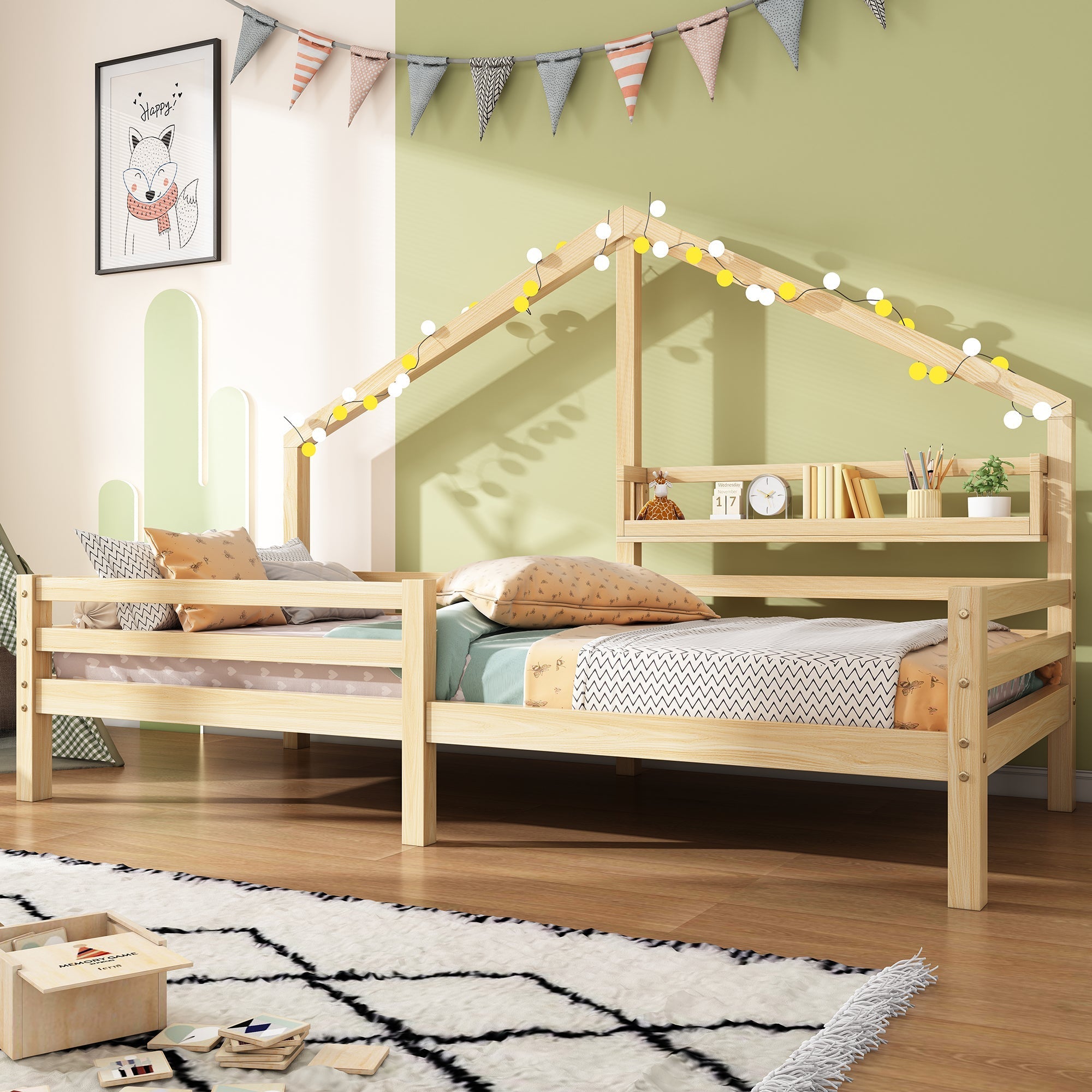 House Bed 90x200cm Storage Shelf Fireplace Shape - Natural