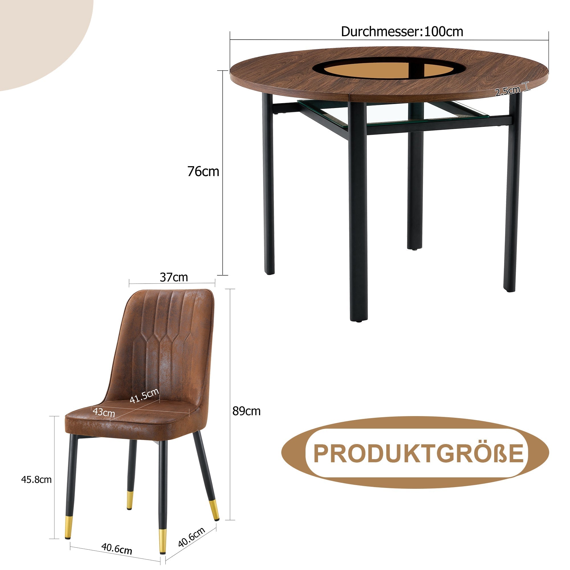Dining Table Set Round Minimalist 100cm with 2 Chairs Wood Look Brown Tech Fabric