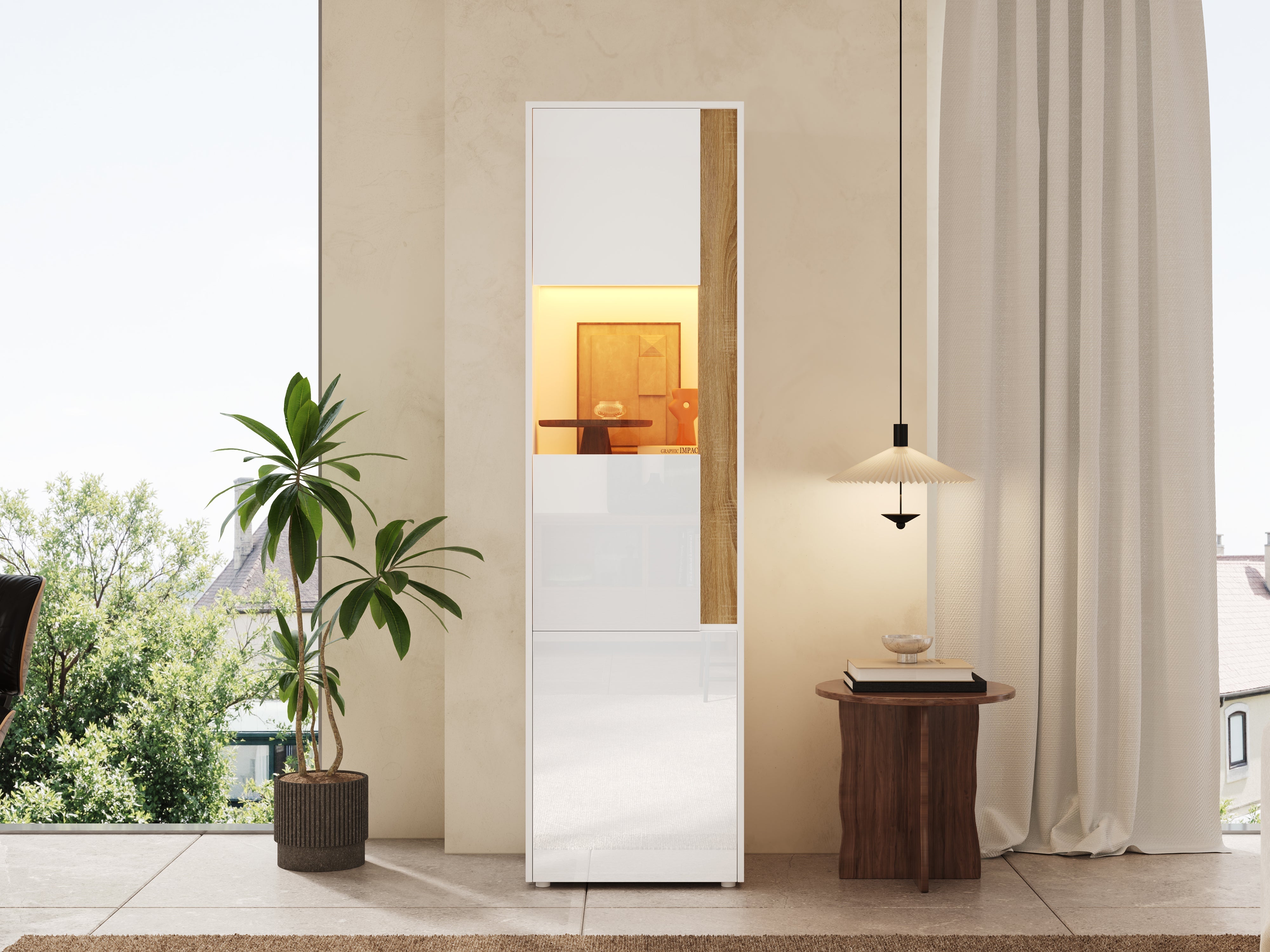 Display Cabinet Tall Storage Unit with LED Lighting 2 Doors White/Natural
