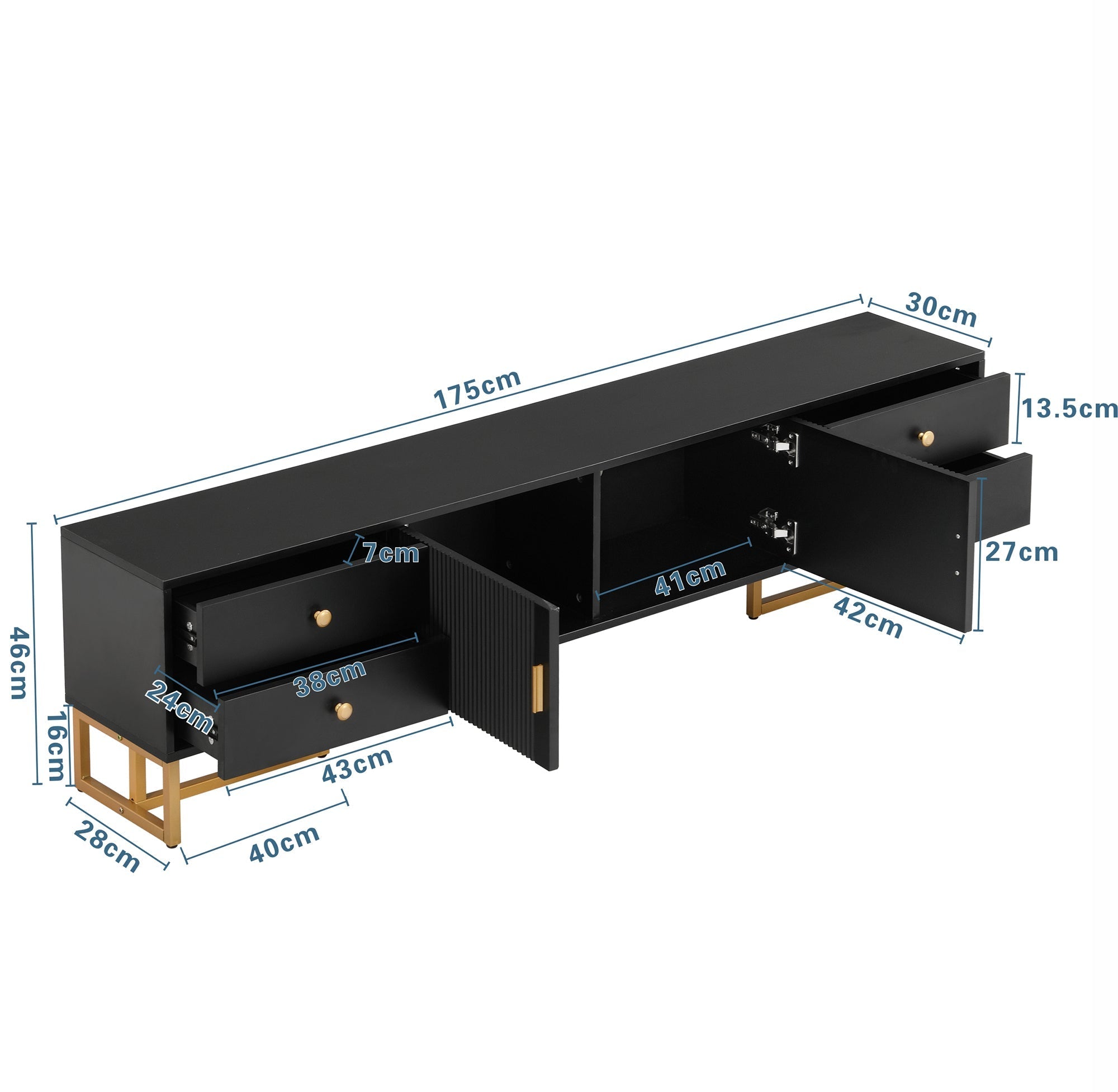 TV Cabinet, Low Panel Textured Door with Drawers, Gold Handles & Feet