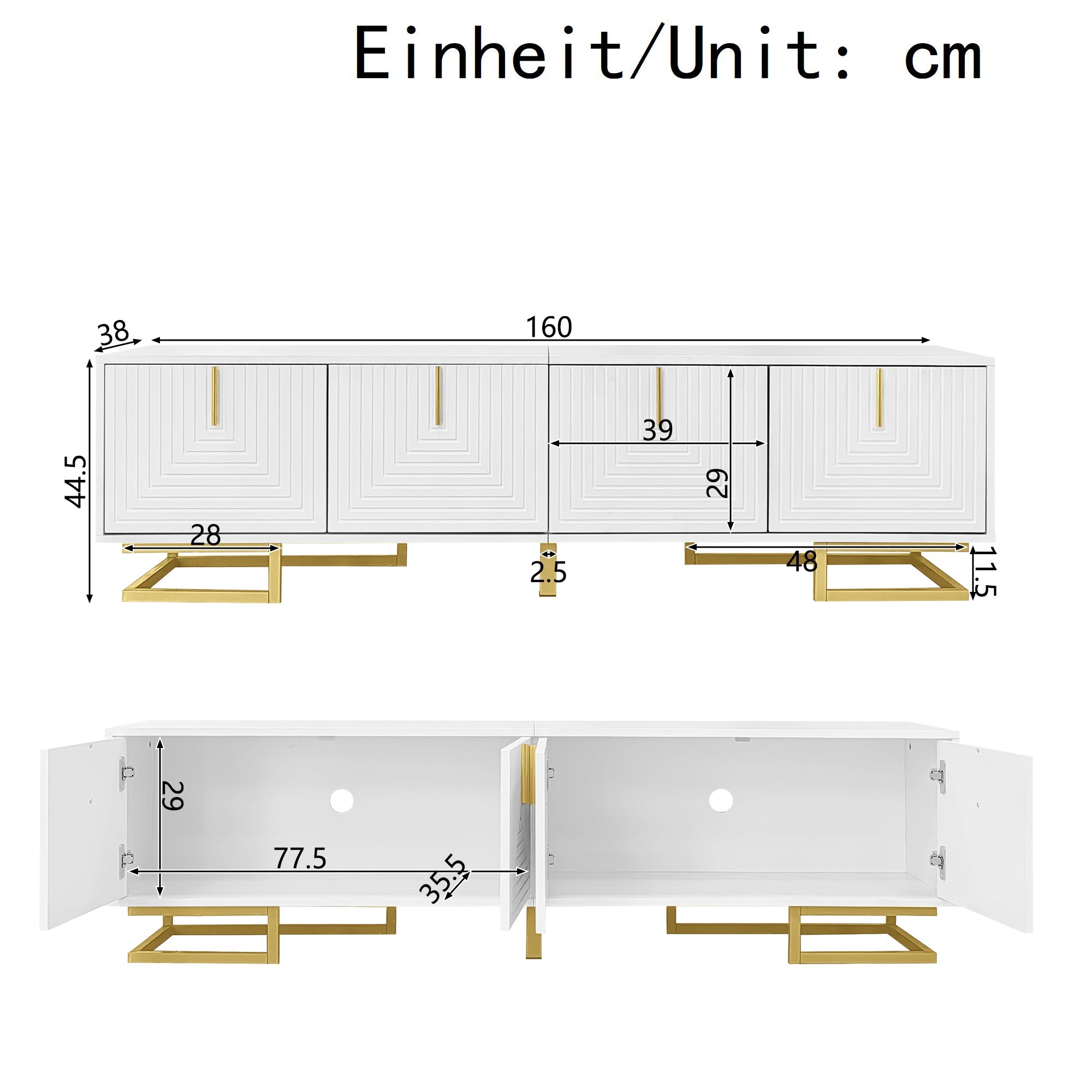 TV Cabinet Lowboard Textured Doors Gold Handles and Legs