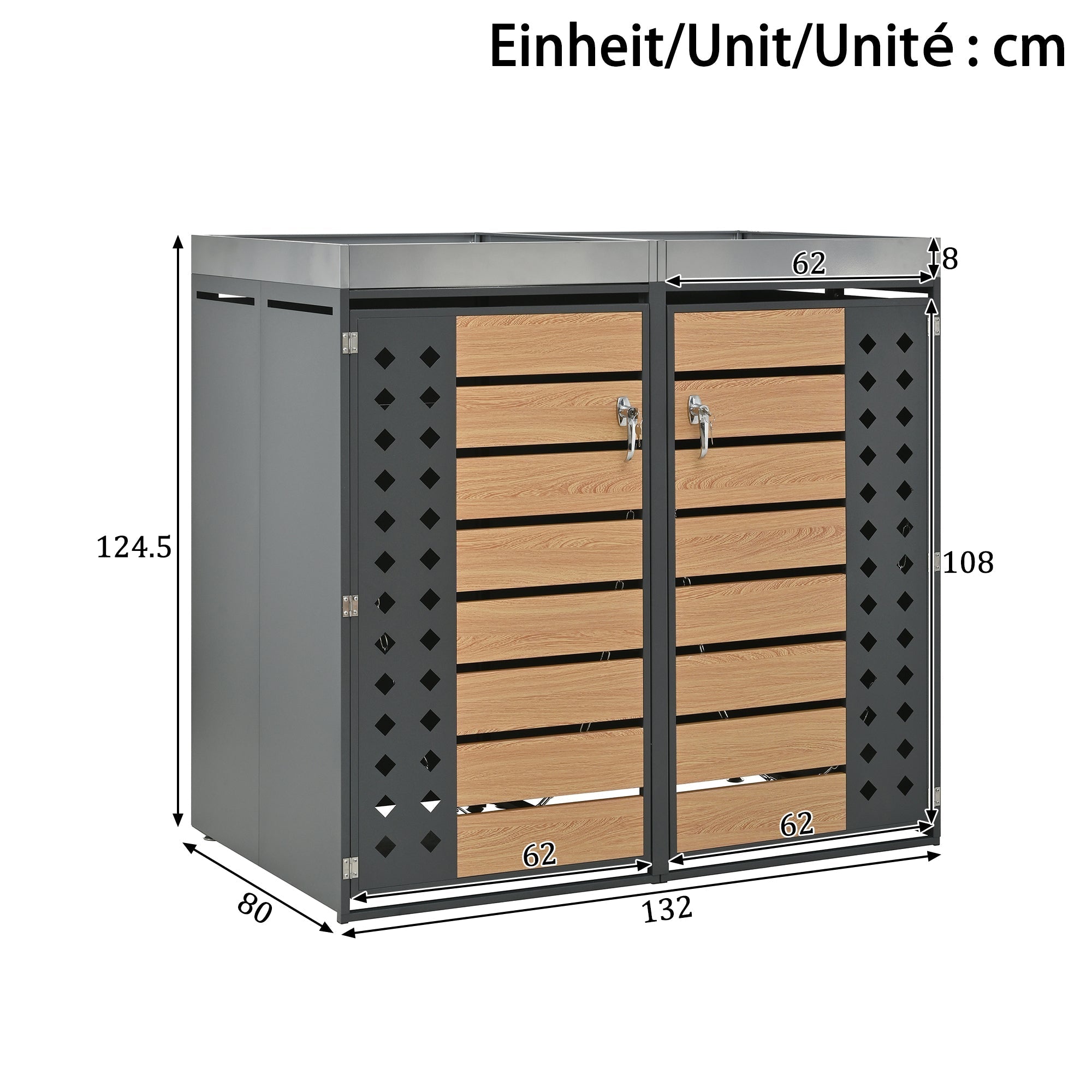 Garbage Can Enclosure with Planting Area and Lockable Dual Doors, Horizontal Wood Grain Panels