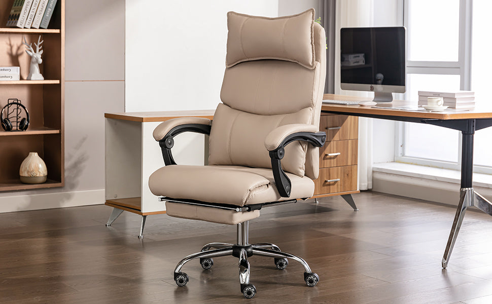 Ergonomic Executive Office Chair - Height Adjustable Swivel Double Lumbar Support - Beige PU Leather