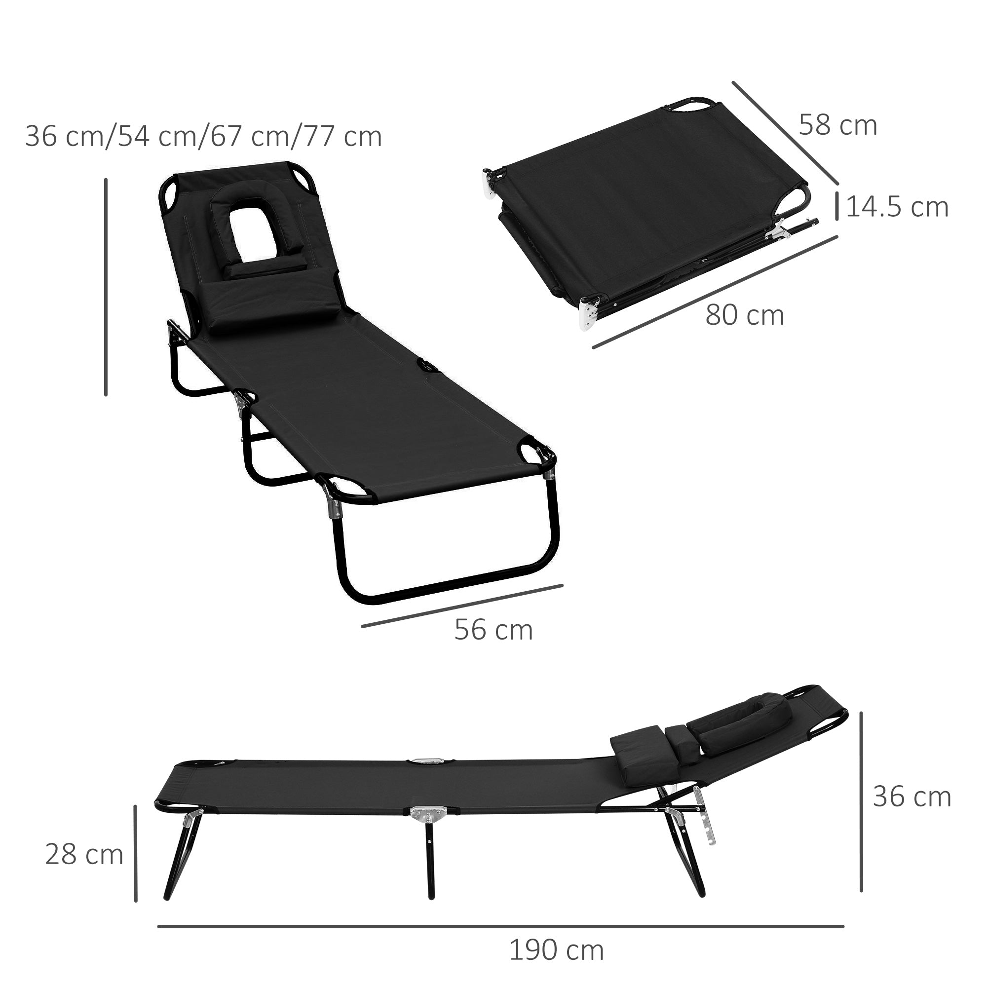 Sun Lounger Relaxation Lounger Face Opening Reading Window Three-legged, Black