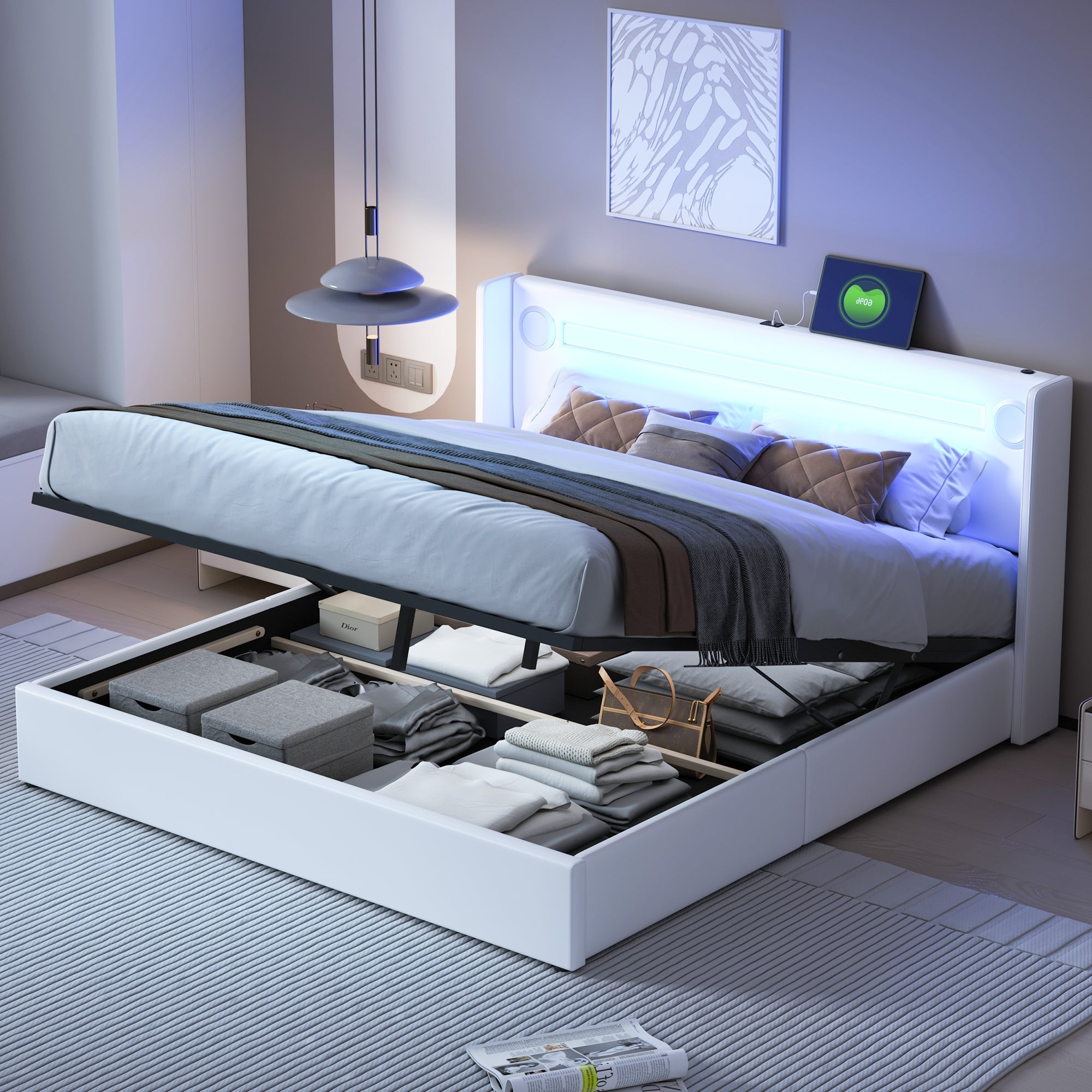 Upholstered Bed 160x200 with LED, Bluetooth, USB, Storage, PU Leather White