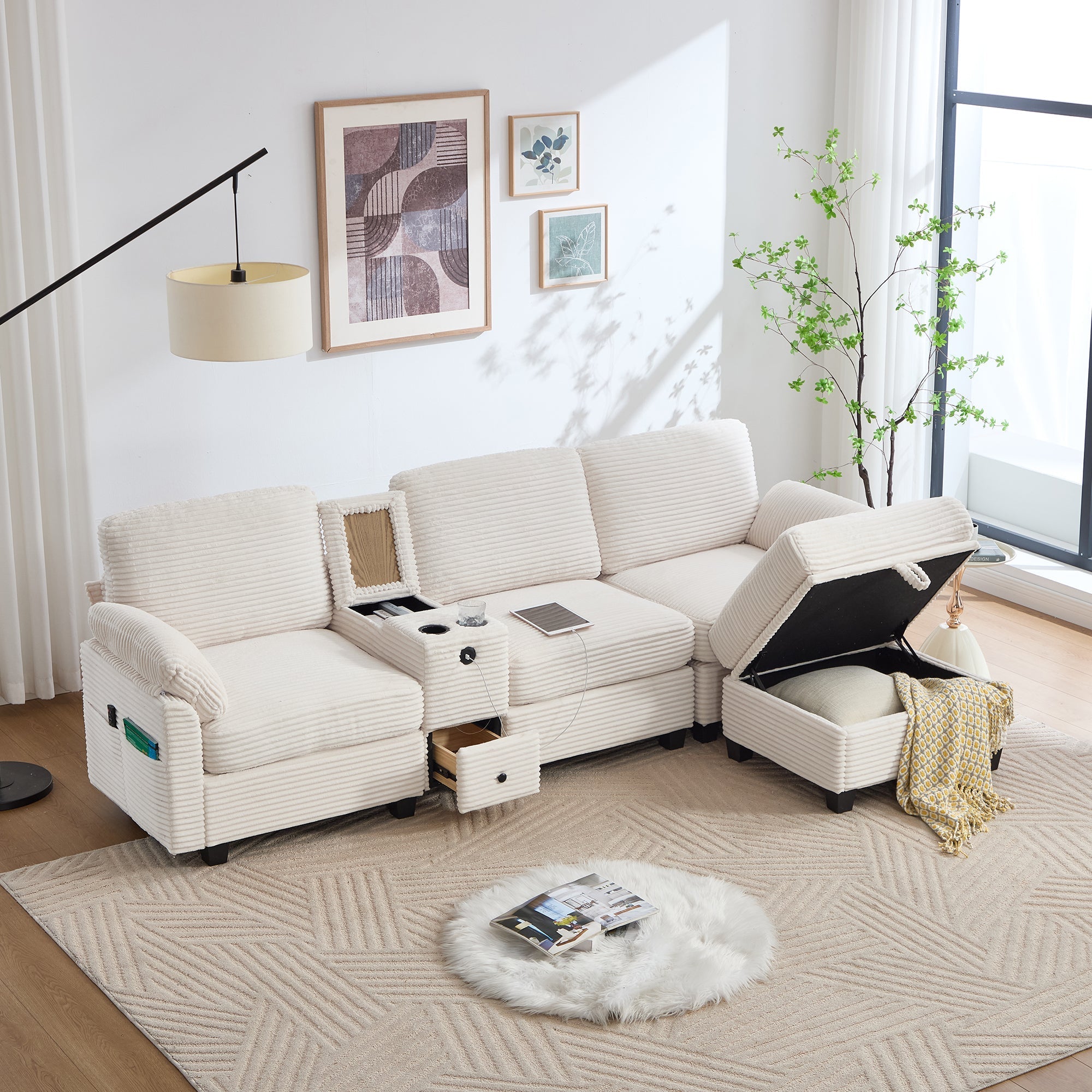 Sofa with Console, USB-C Port, Drawer & Movable Ottoman - Corduroy