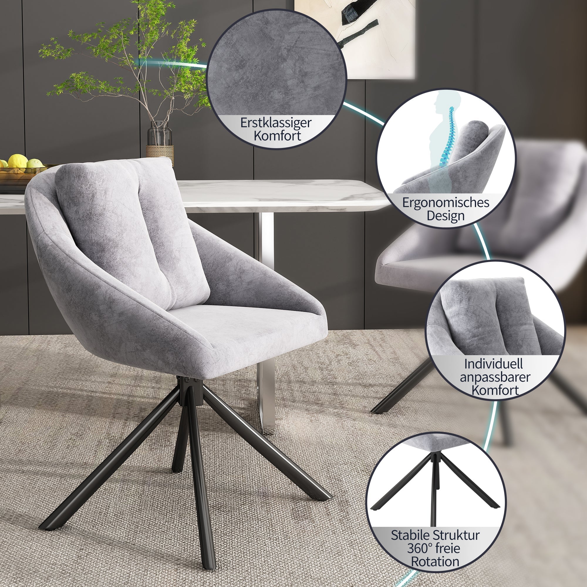 Swivel Dining Chair Set of 6 with Ergonomic Design, Grey Velvet