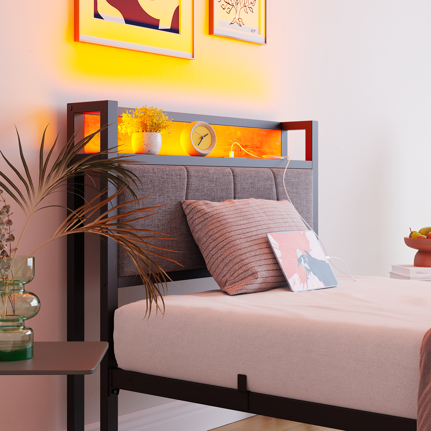 Bed Frame 90x200cm Smart LED Lights USB Charging - Metal