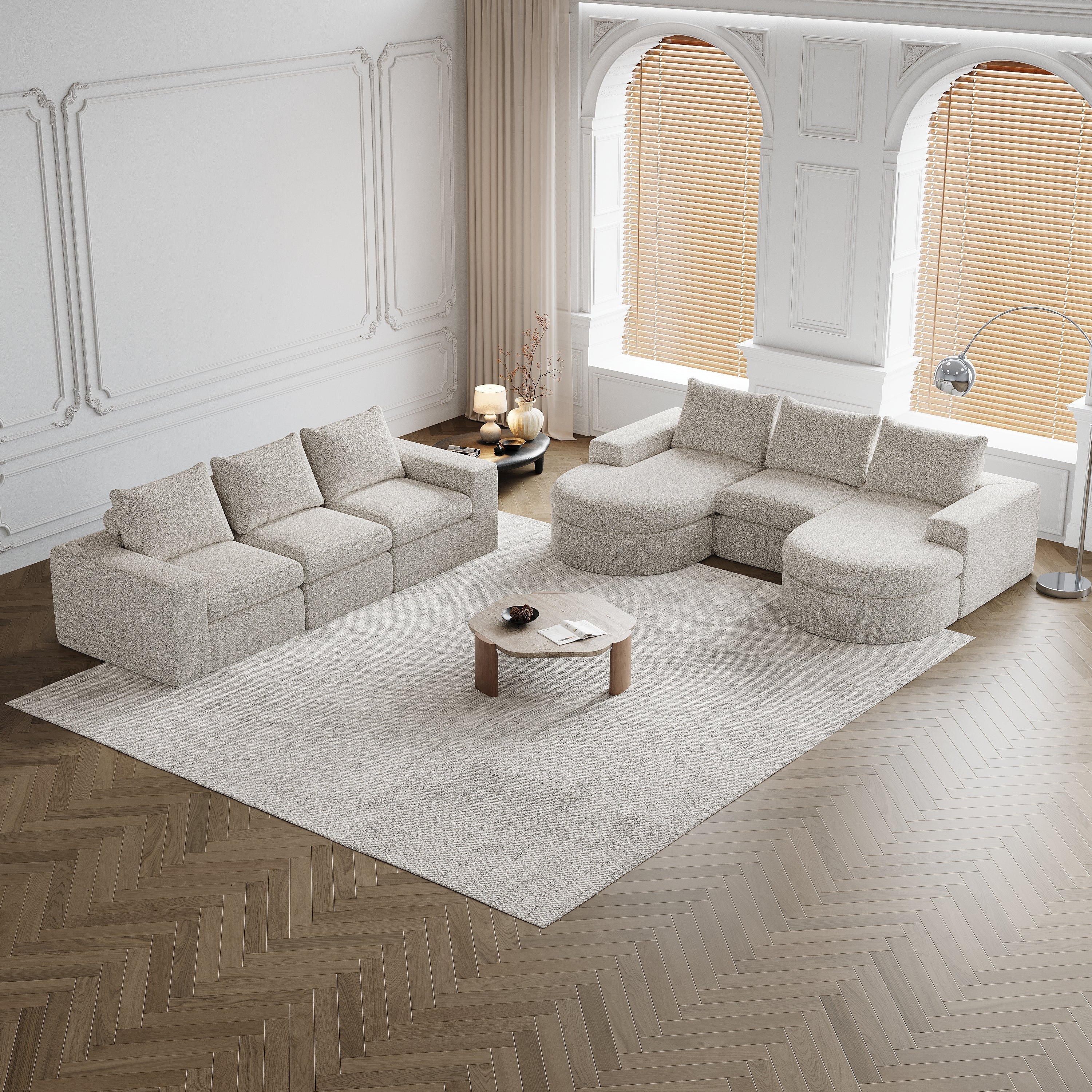 Chenille Curved Sofa with Recliner, Modular L-shaped, Two-Piece Set