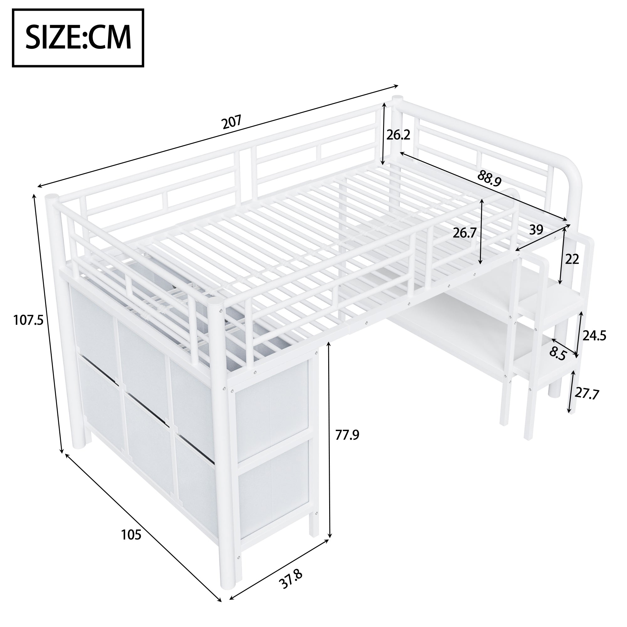 Children's Loft Bed 90x200 with Storage Stairs and Drawers, White Metal