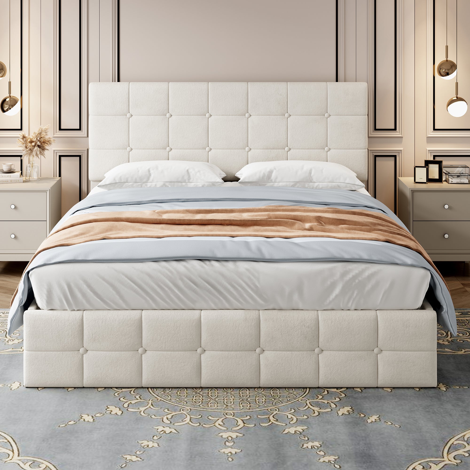 4ft6 Double Upholstered Storage Bed Frame, Velvet Ottoman with Hydraulic Storage & Adjustable Button Tufted Headboard, Metal-Wood Support, Beige