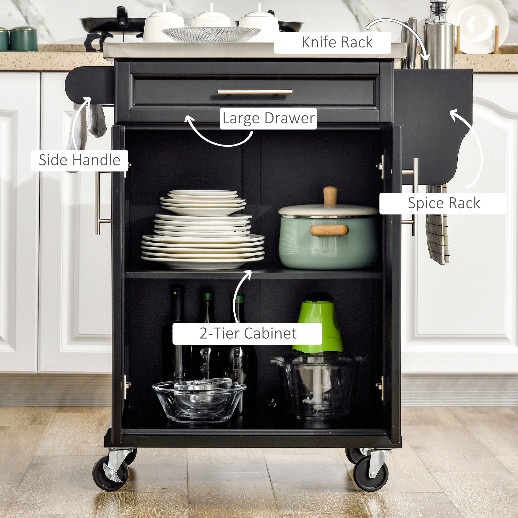 Wooden Kitchen Island on Wheels with Stainless Steel Top, Black