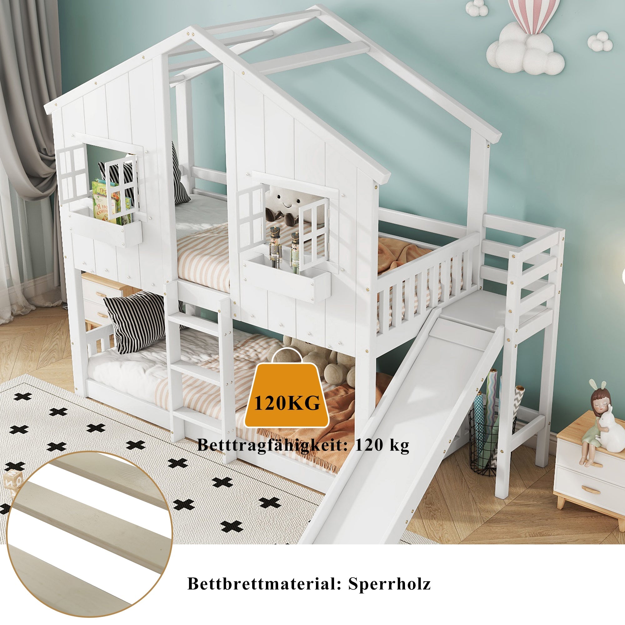 Bunk Bed with Slide, Roof & Window, Safety Gate, 3-Step Ladder, Pine + MDF, White, 90x200cm