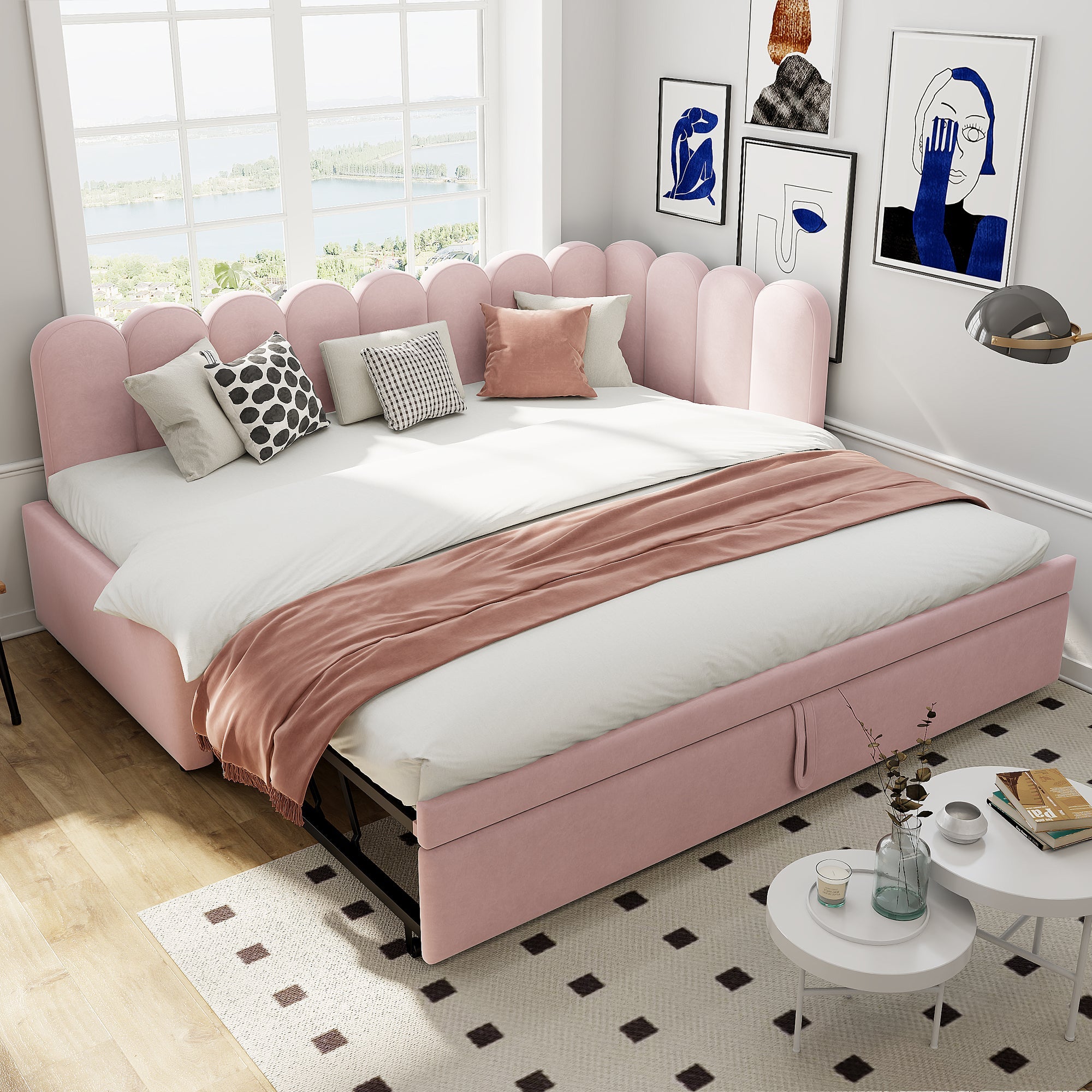 2-in-1 L-Shaped Sleeper Sofa 90/180 x 200 cm Space-Saving Upholstered Velvet Pink