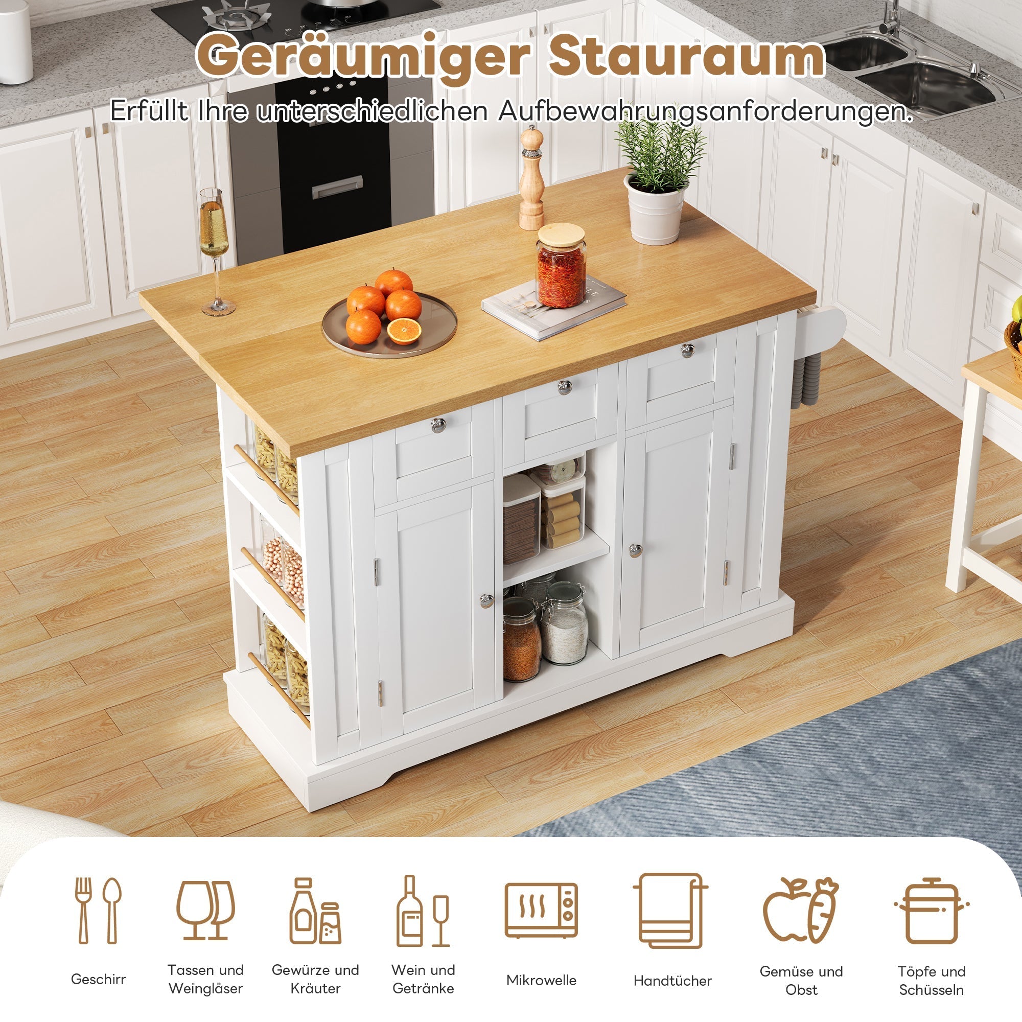 Mobile Kitchen Table 132cm Folding Worktop Multifunctional Cabinet 5 Wheels Integrated Socket