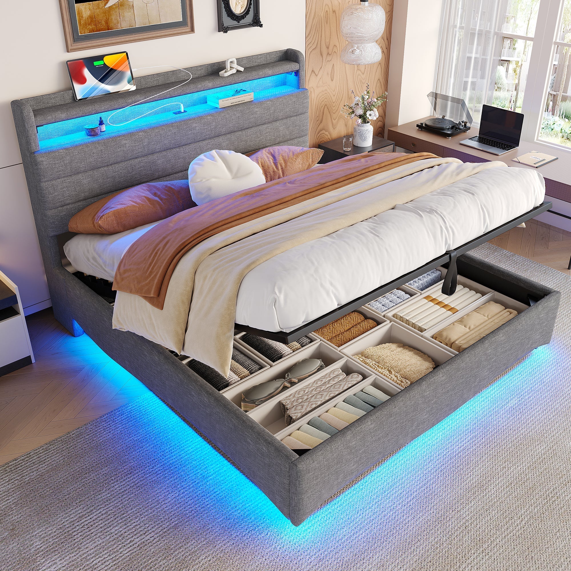Upholstered Bed with LED Lighting, Hydraulic Storage and USB Ports, Grey Linen Fabric