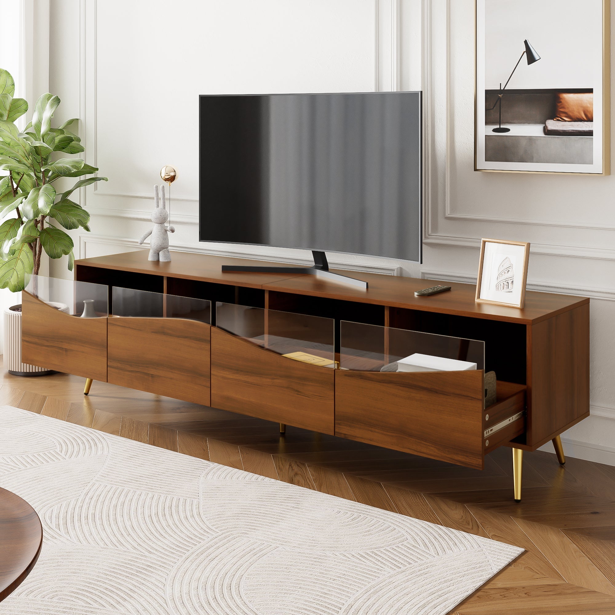 Modern TV Cabinet 180cm LED Lighting Storage, Wood Color/Gold Metal