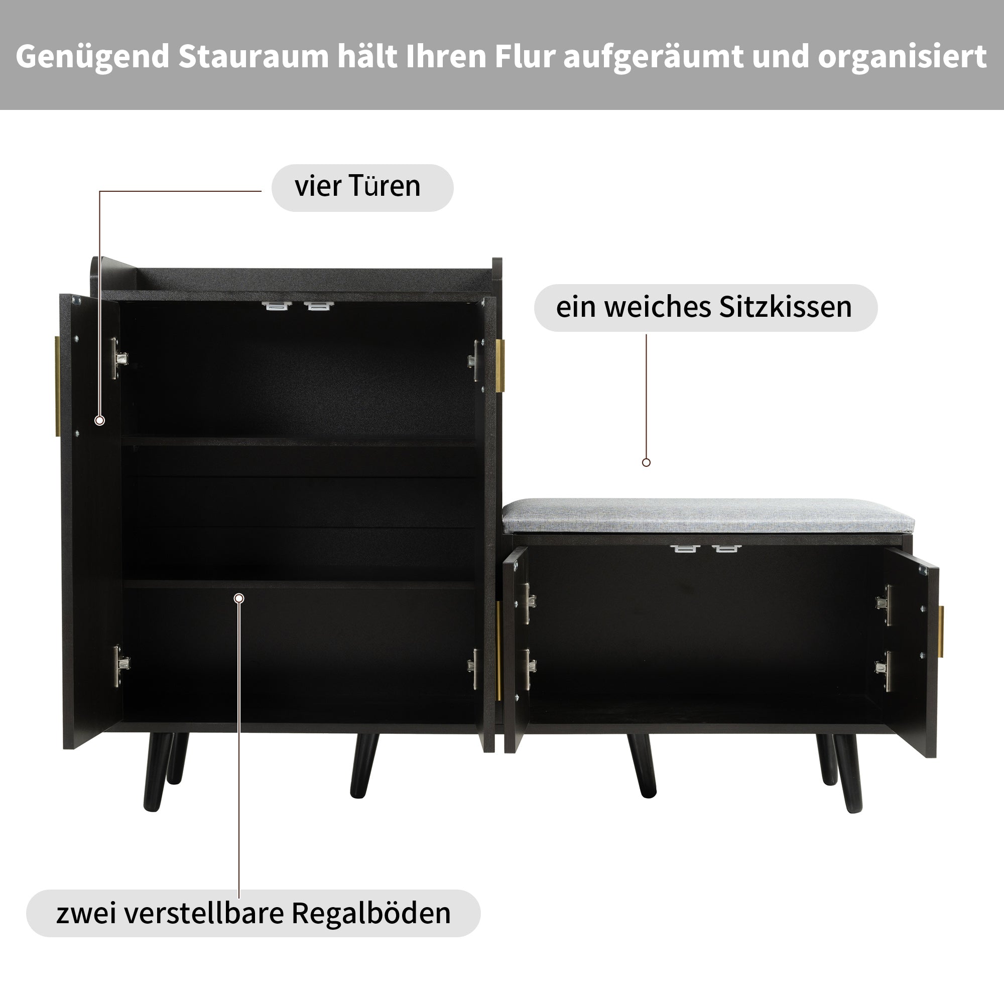 Modern Shoe Bench, Shoe Cabinet with Four Storage Doors, Black Walnut Wood