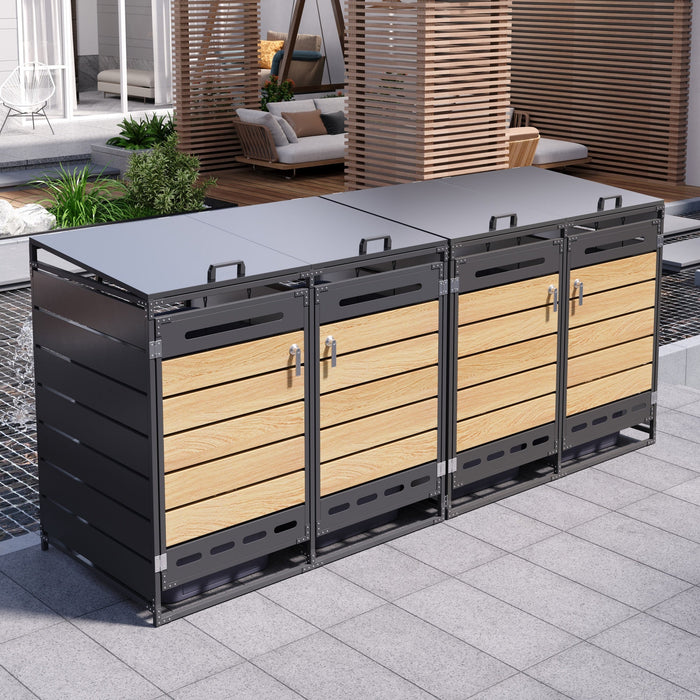 4-Bin Storage Unit with Hydraulic Lids and Slotted Ventilation, Iron and Wood-Look Cladding
