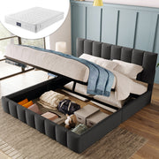 Hydraulic Double Upholstered Bed, Adjustable Headboard with Storage and Mattress, Grey Linen